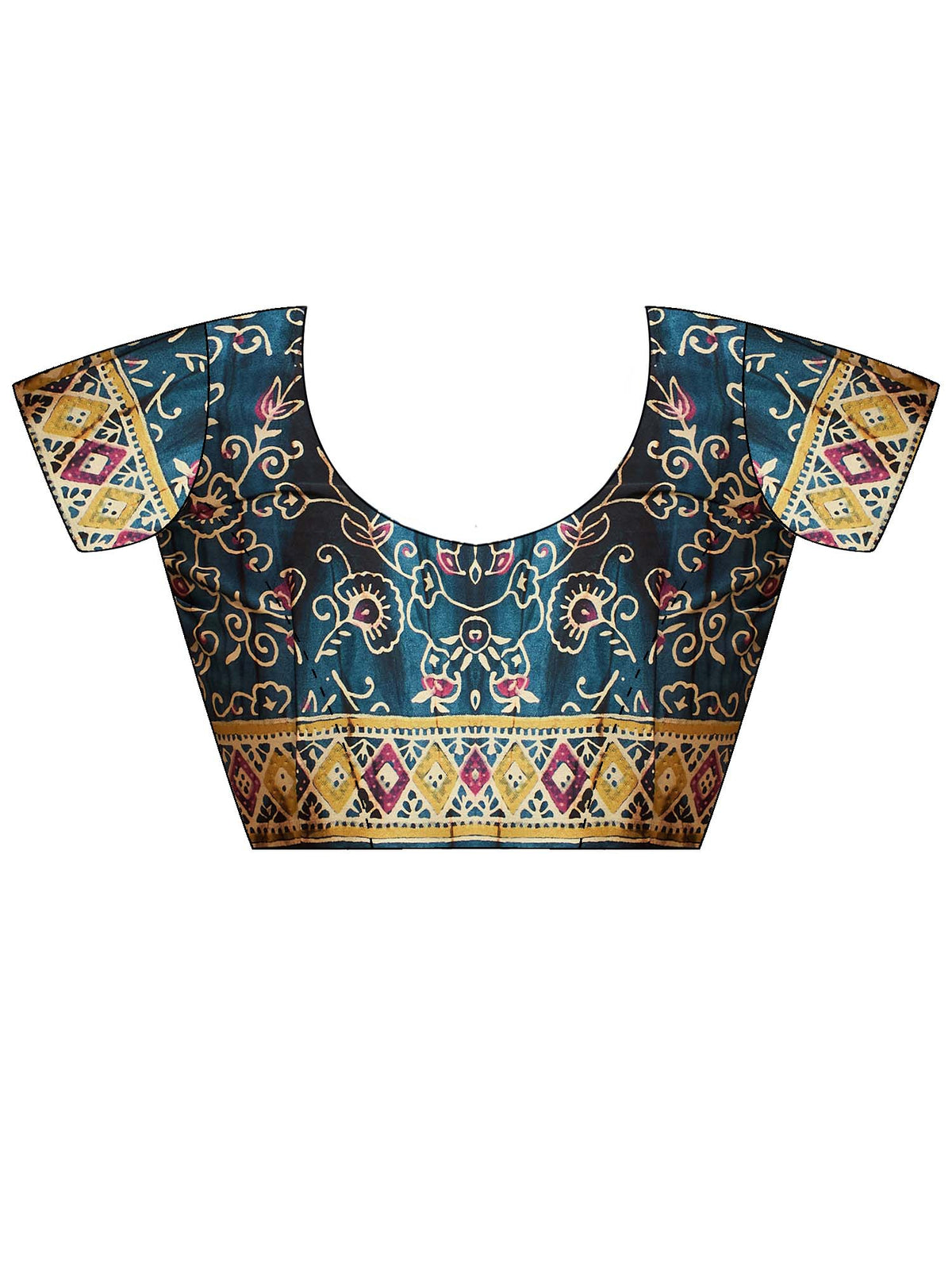 Unstitched teal blue pure crepe blouse piece with ajrak design