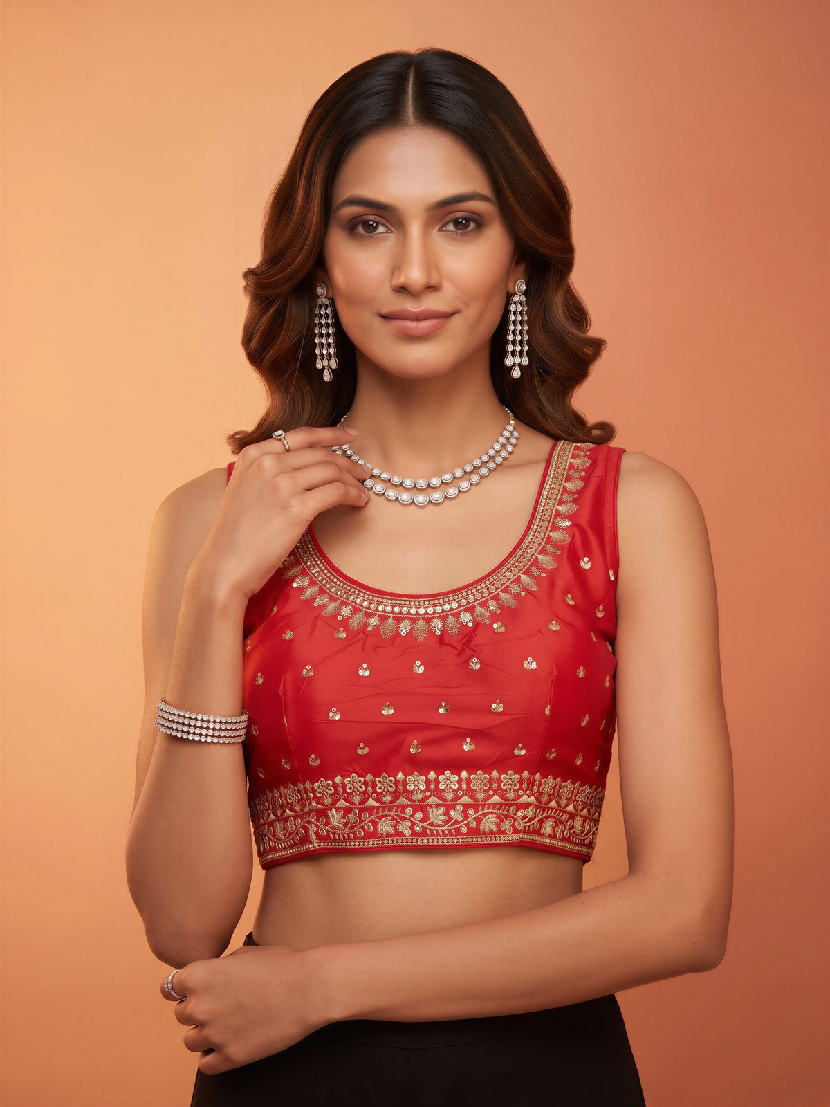 Red sequin embellished silk blend sleeveless readymade saree blouse with round neck view 3