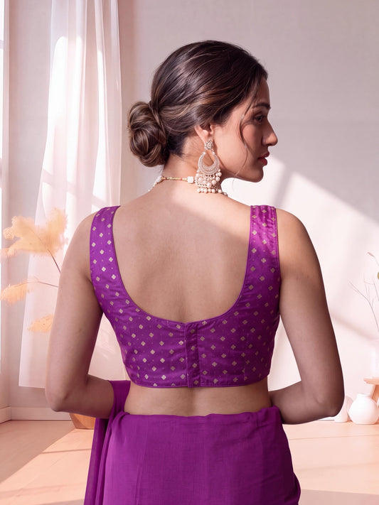 Violet zari woven silk blend sleeveless readymade saree blouse with round neck view 1