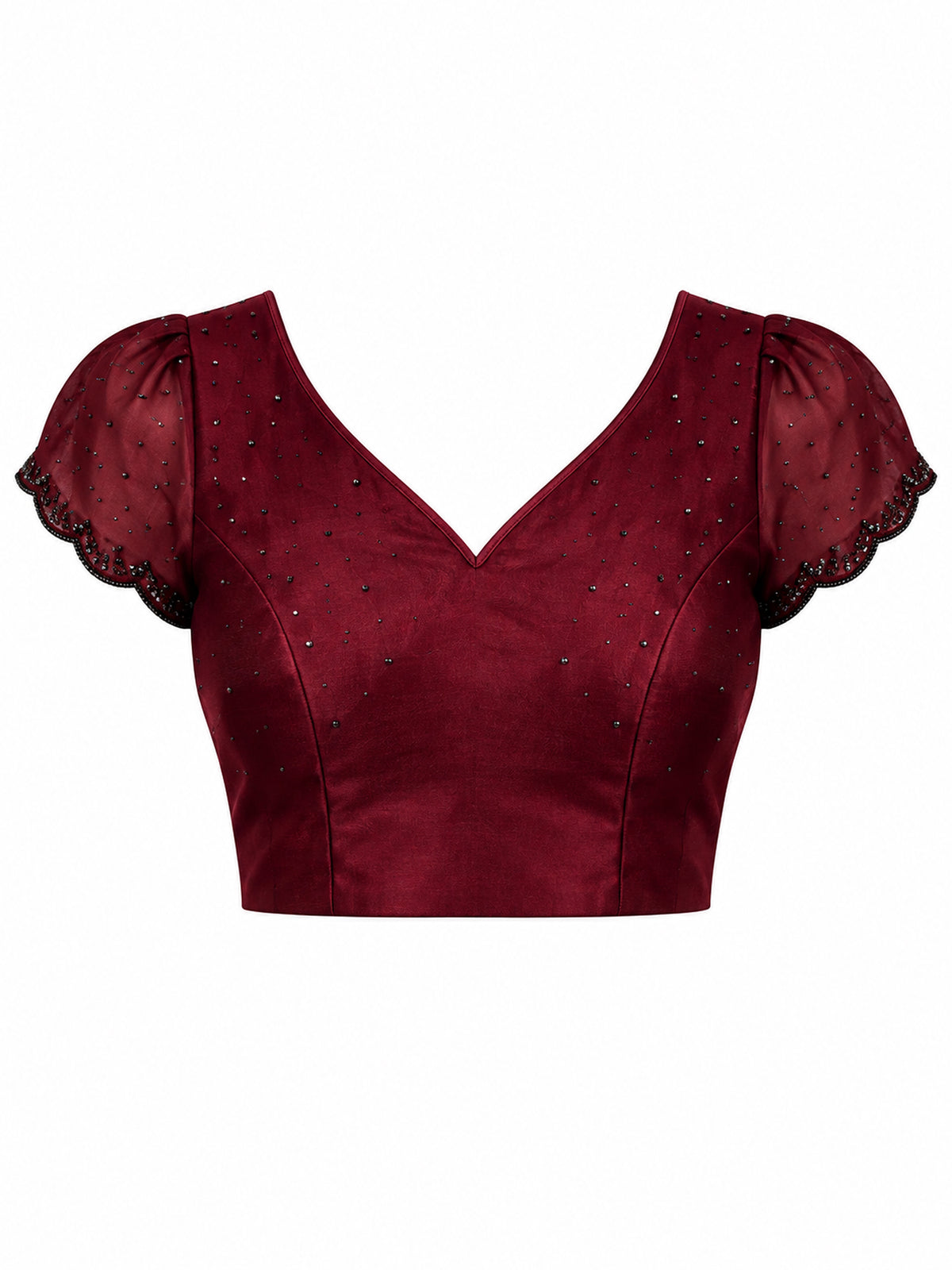 Unstitched maroon satin silk blouse piece with embellished design