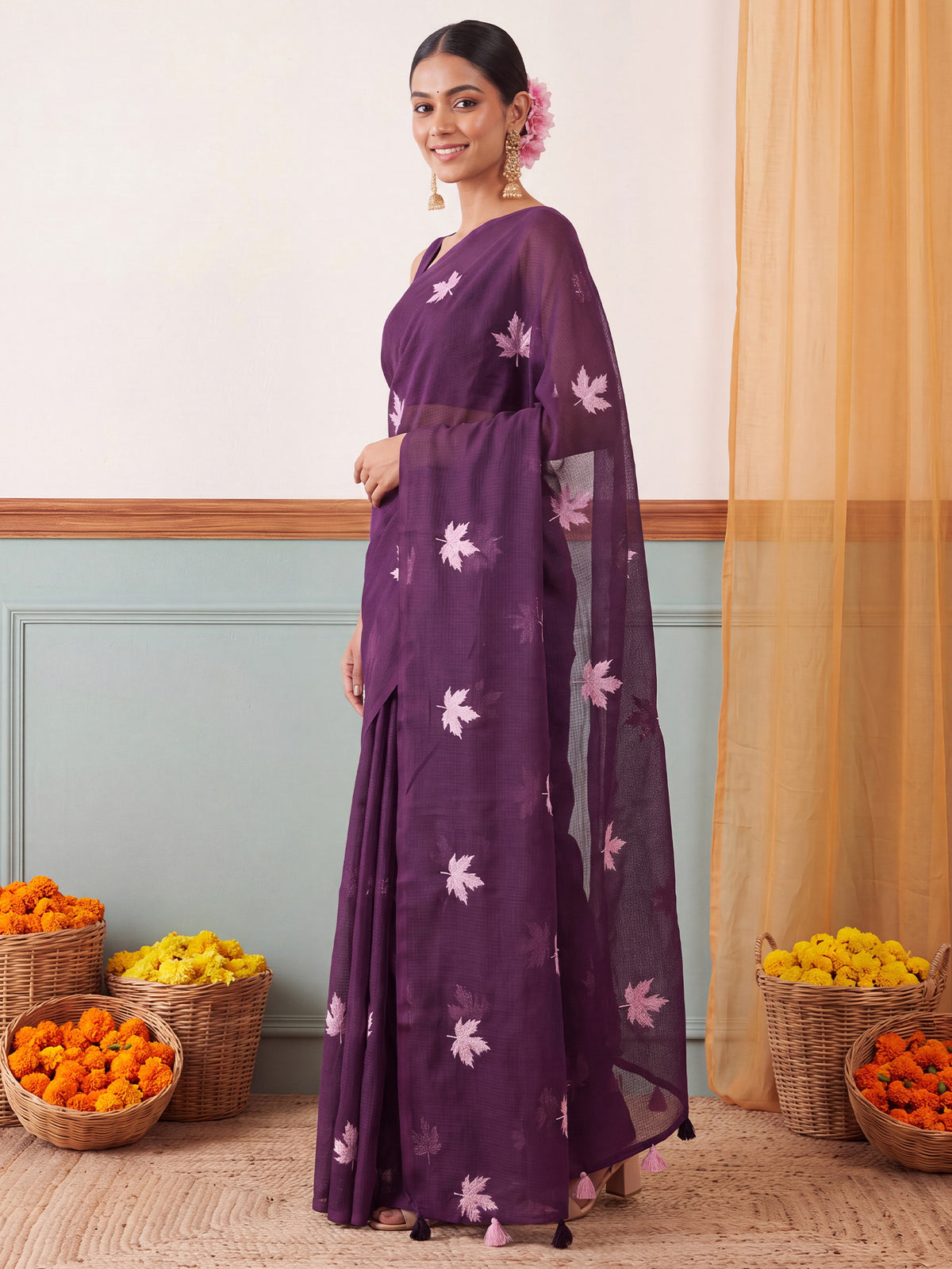 Wine Kota Doria Cotton saree – detail view 2