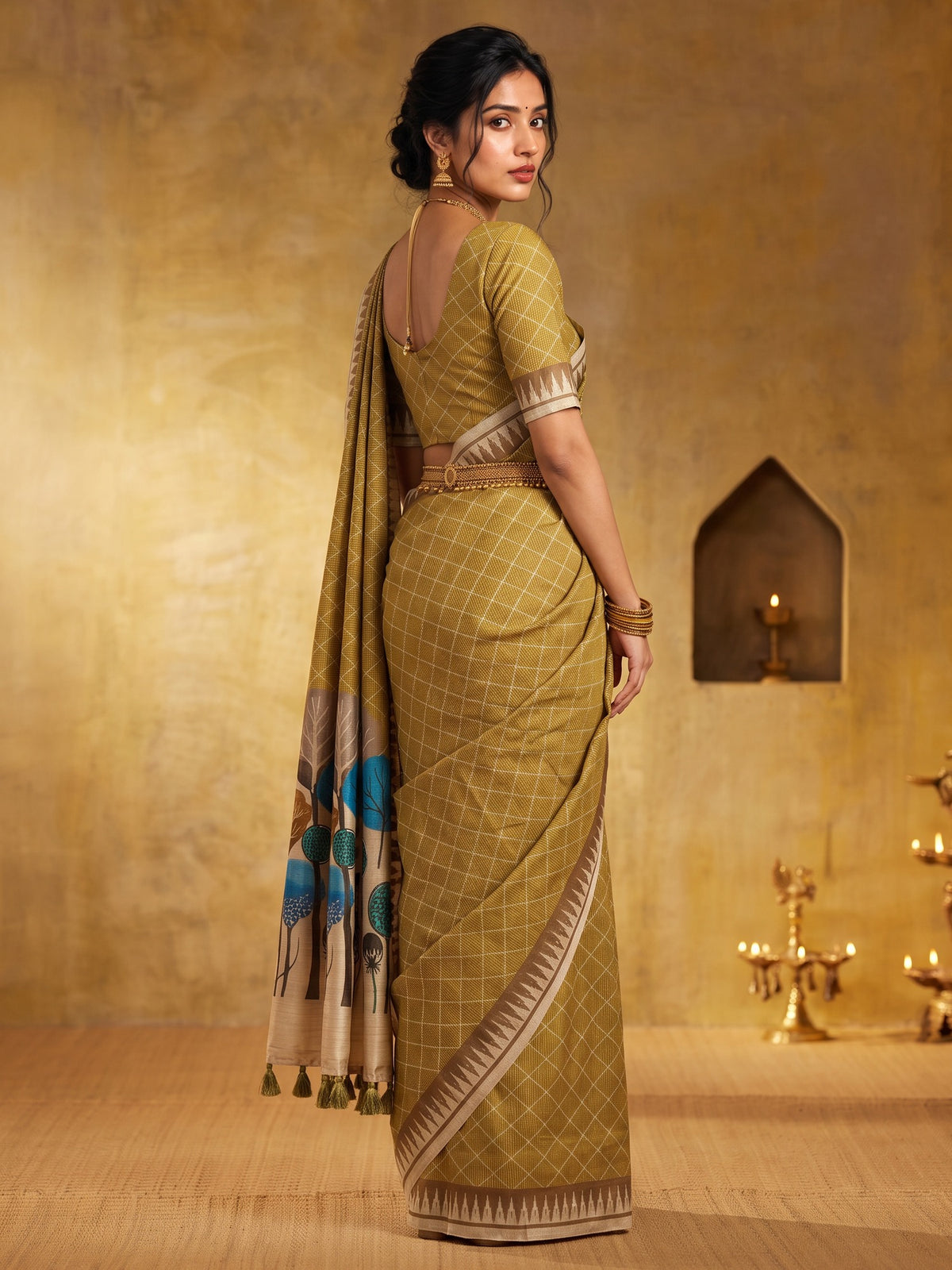 Olive soft silk saree view 2