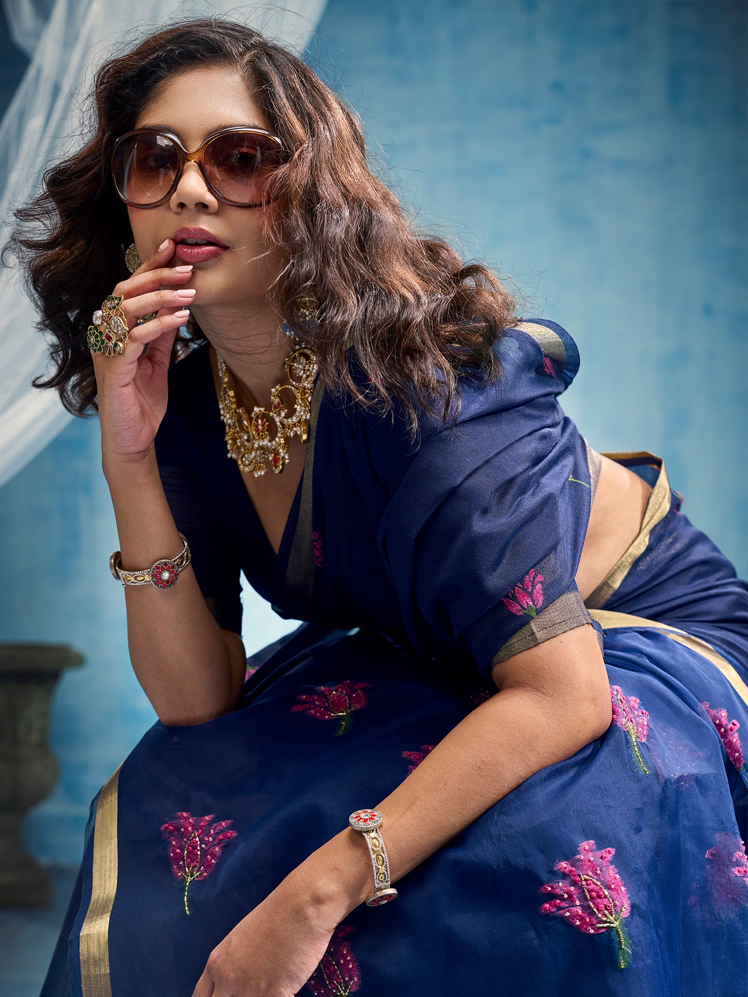 Blue Muga Cotton saree – detail view 4
