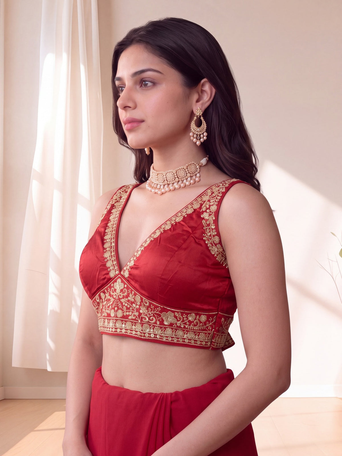 Red sequin embellished silk blend sleeveless readymade saree blouse with deep v neck view 2