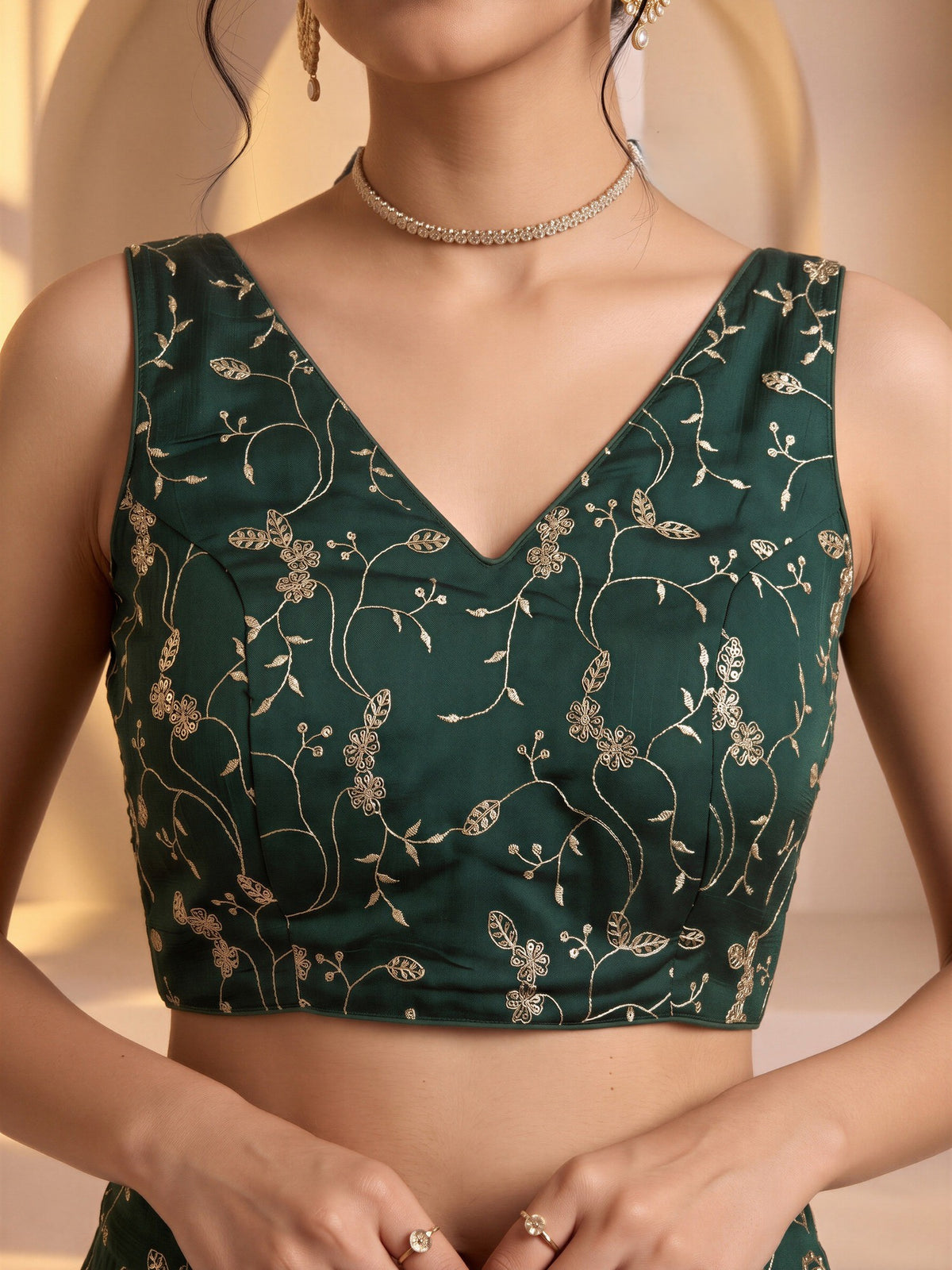 Green sequin embroidered vichitra silk sleeveless readymade saree blouse with v neck view 4
