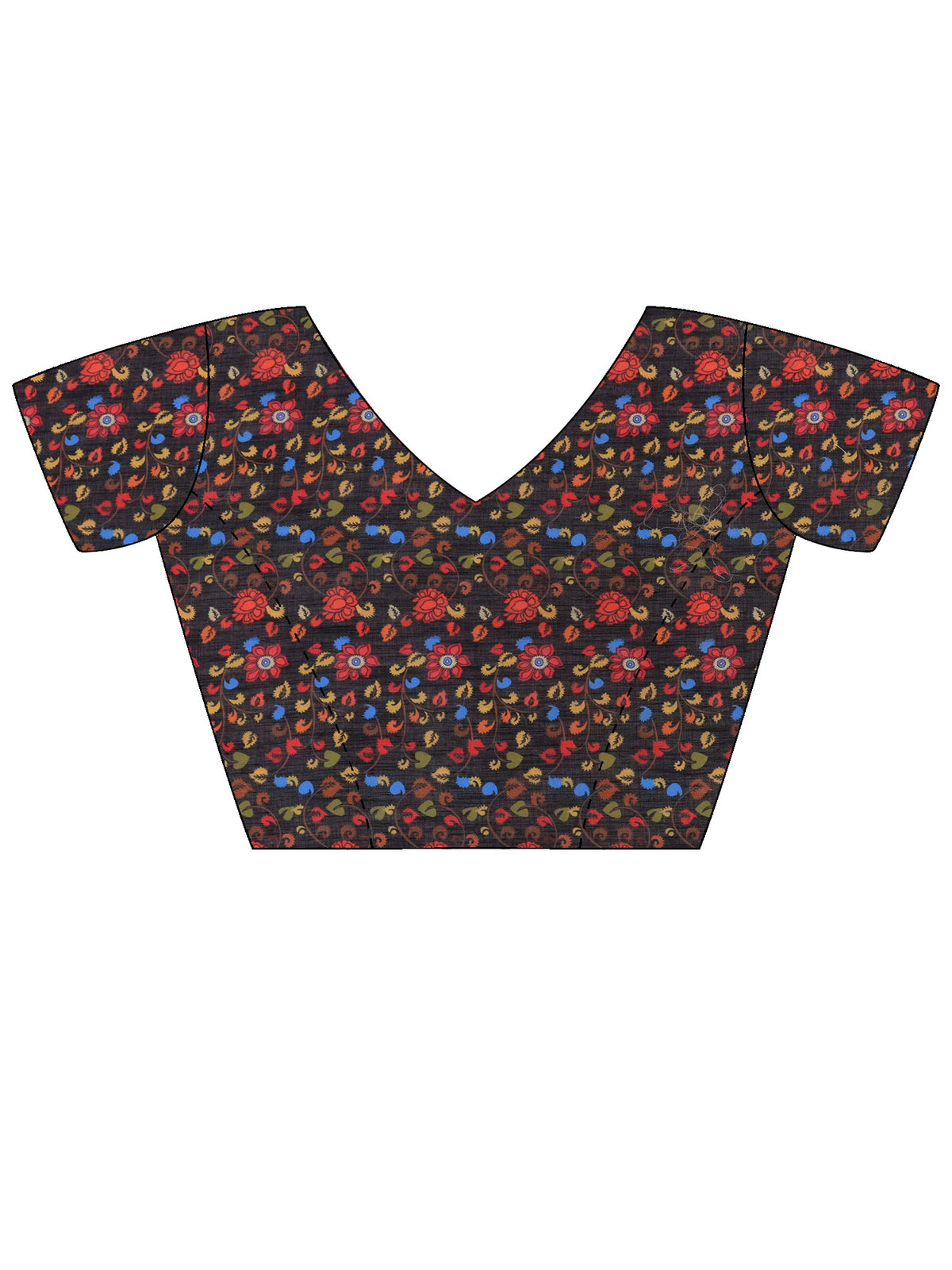 Unstitched black linen blend blouse piece with kalamkari design