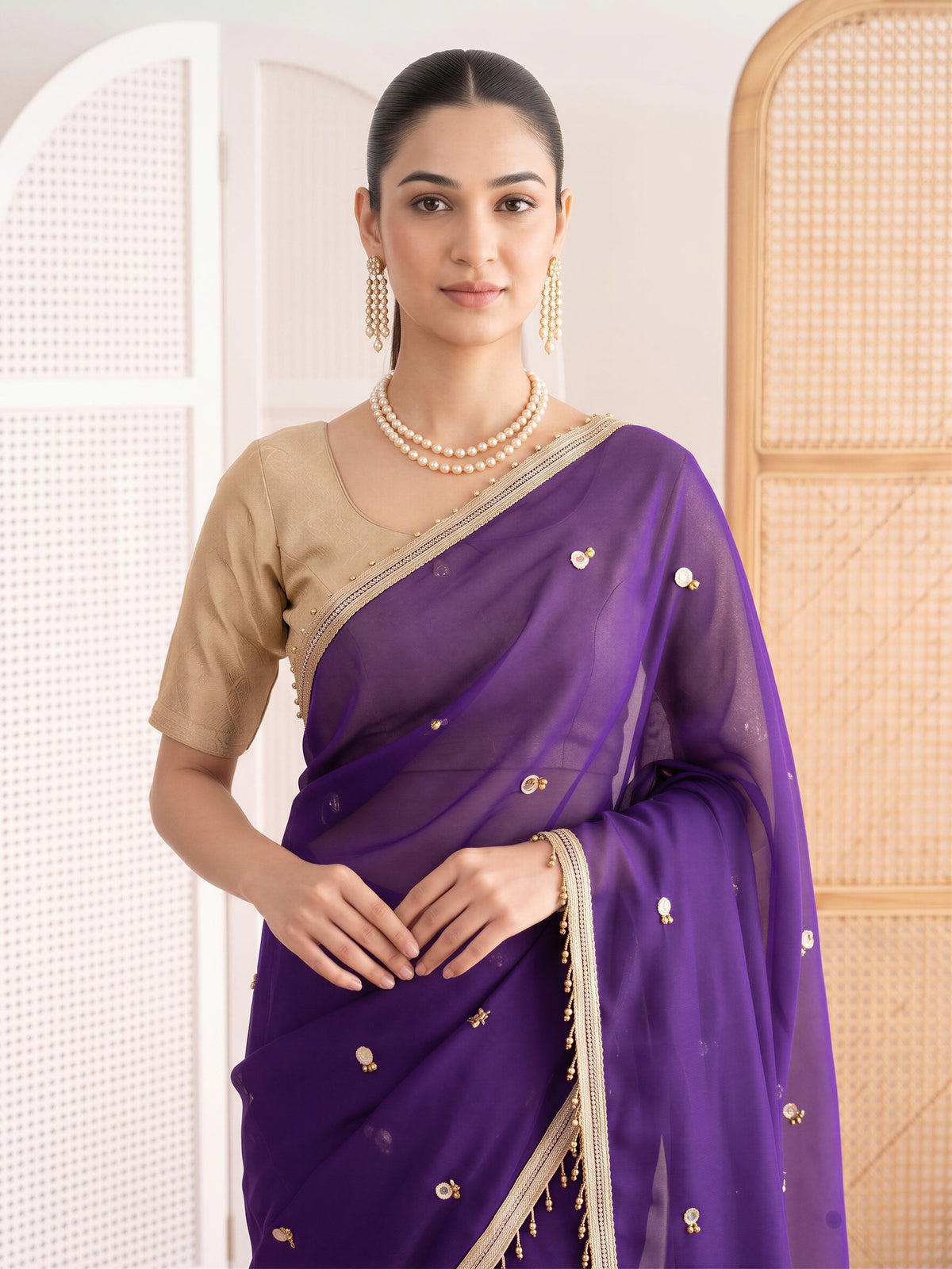 Purple poly georgette saree view 4
