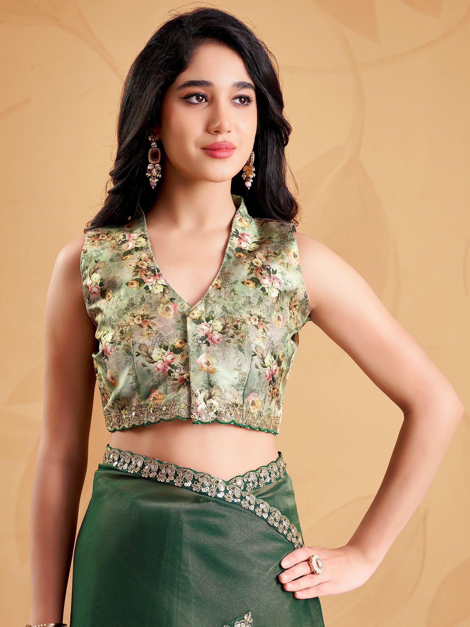 Unstitched light green cotton blend blouse piece with botanical design