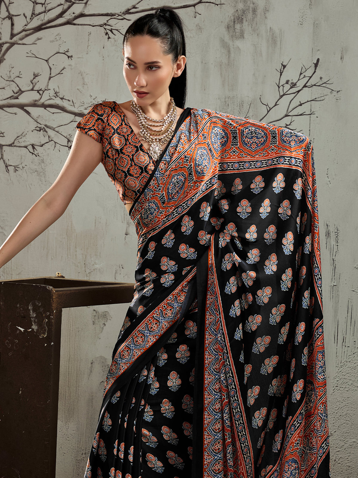 Black satin saree view 4