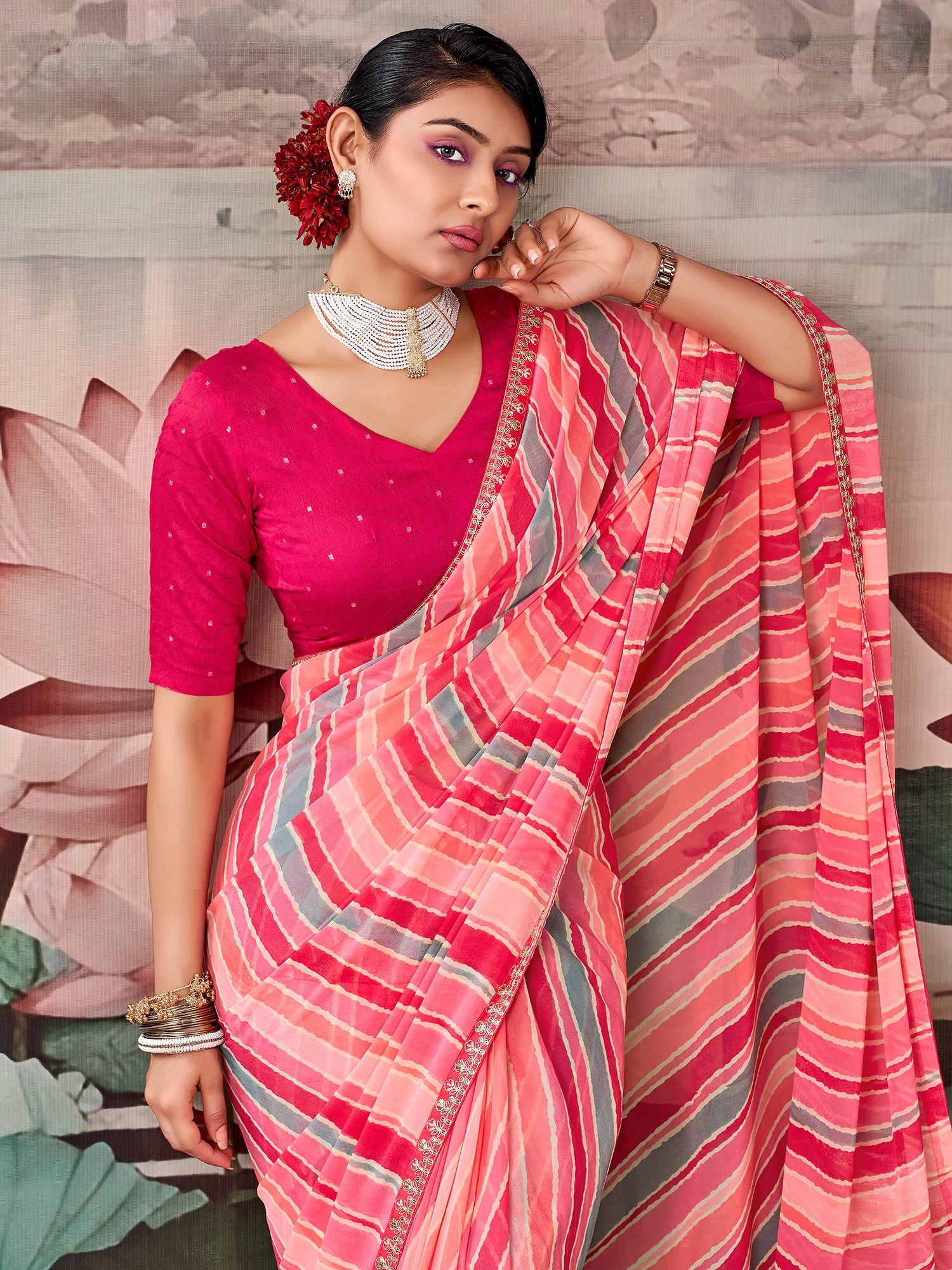 Pink Georgette saree – detail view 2