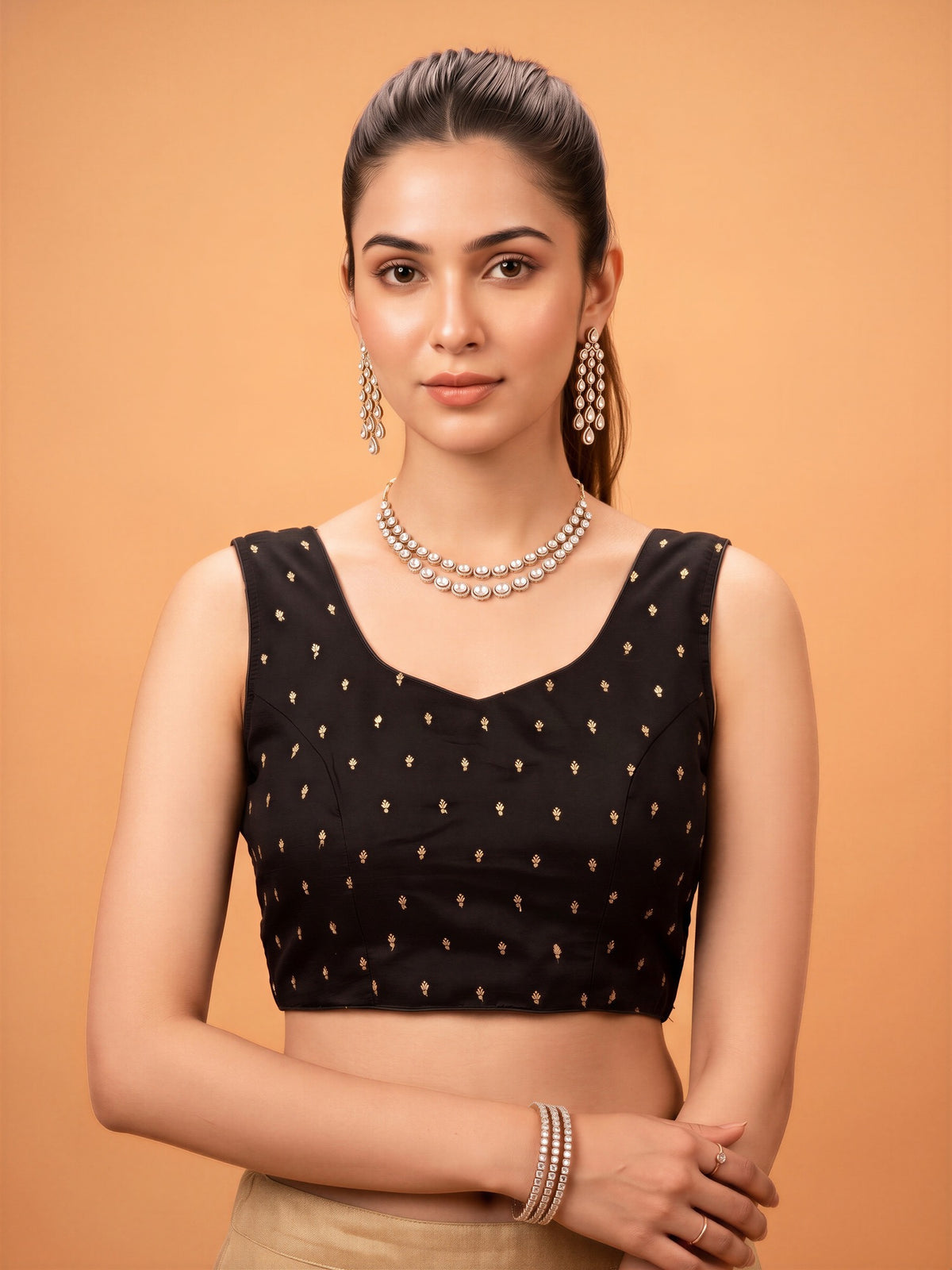 Black sequin embellished silk blend sleeveless readymade saree blouse with round neck view 3