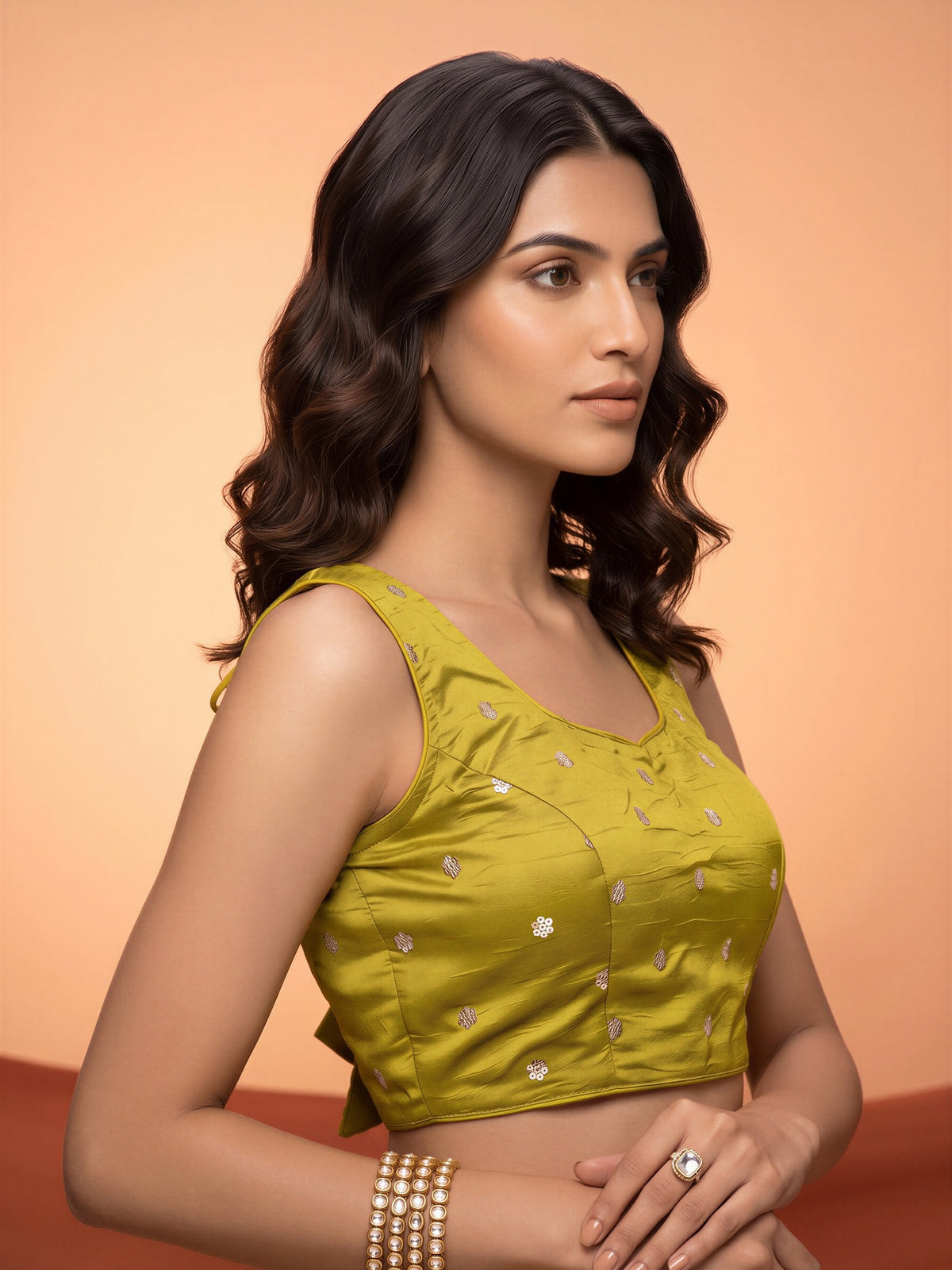 Lime Green sequin embellished chinnon sleeveless readymade saree blouse with round neck view 2
