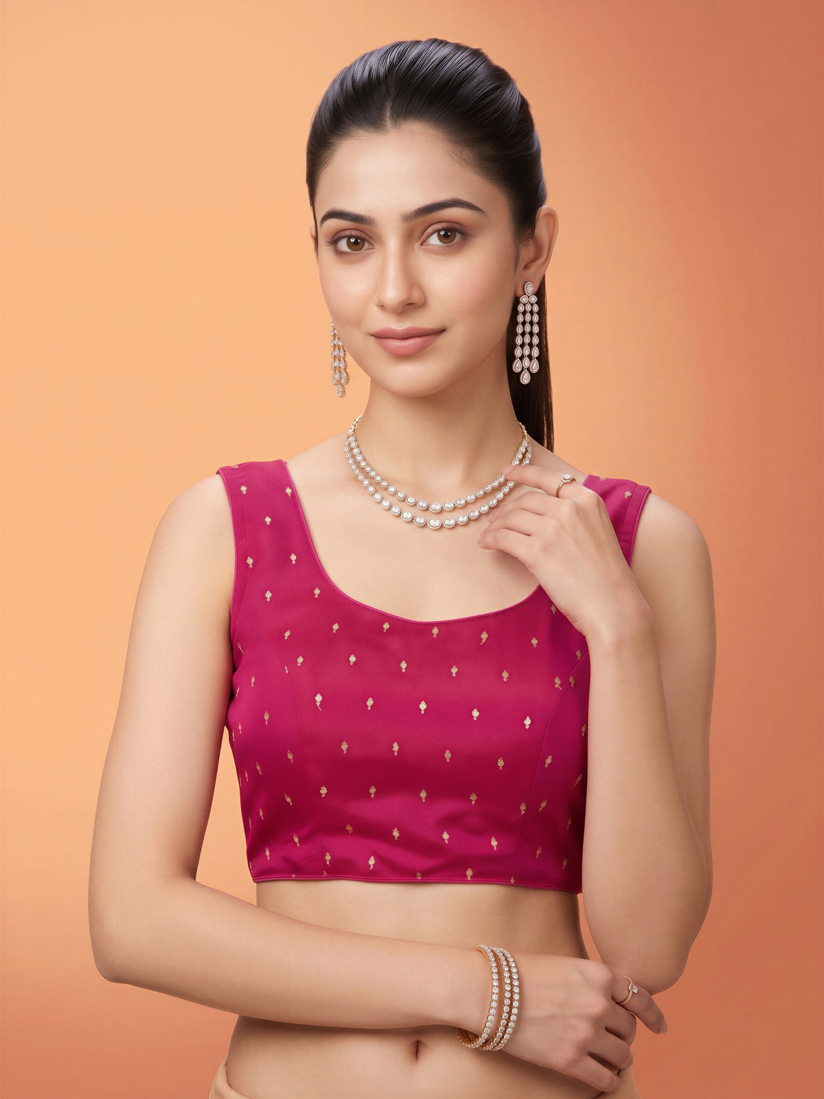 Pink sequin embellished silk blend sleeveless readymade saree blouse with round neck view 3