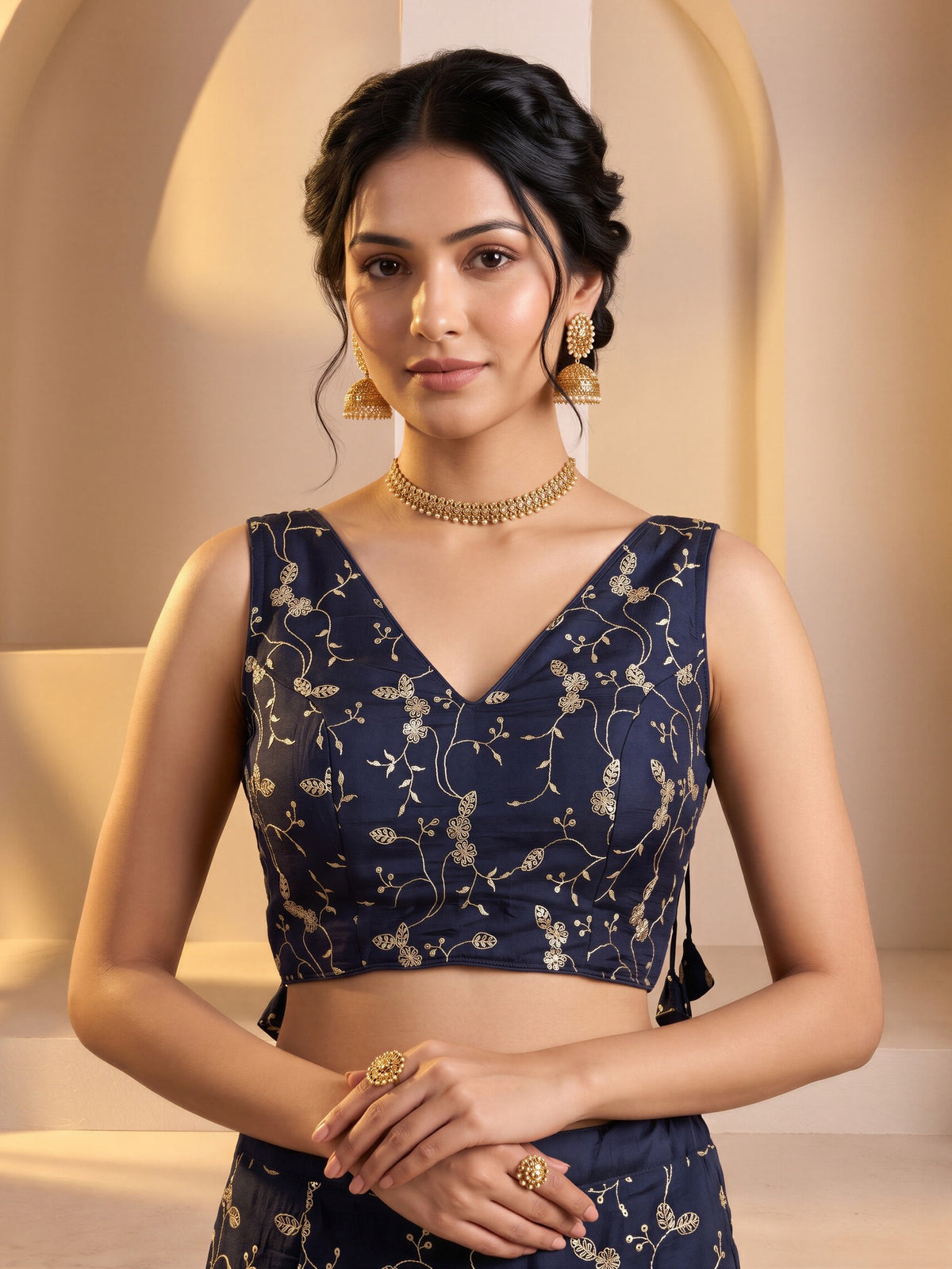 Navy Blue sequin embroidered vichitra silk sleeveless readymade saree blouse with v neck