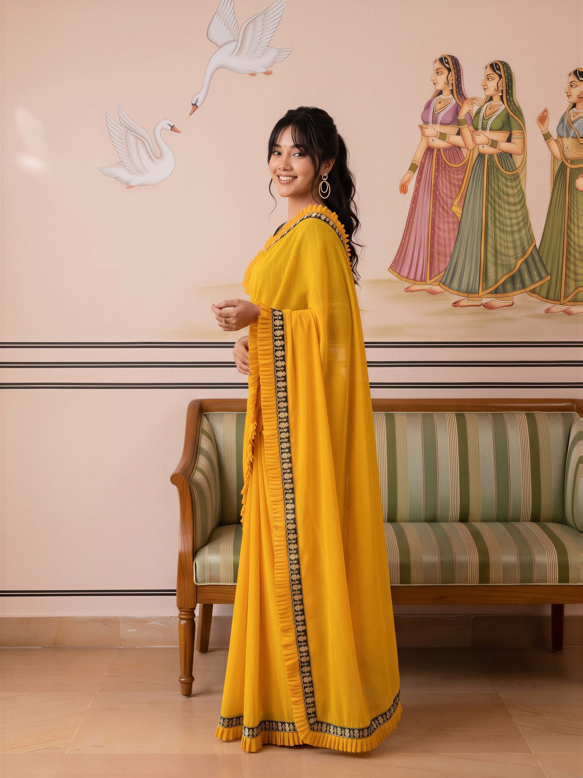 Yellow Georgette saree – detail view 2