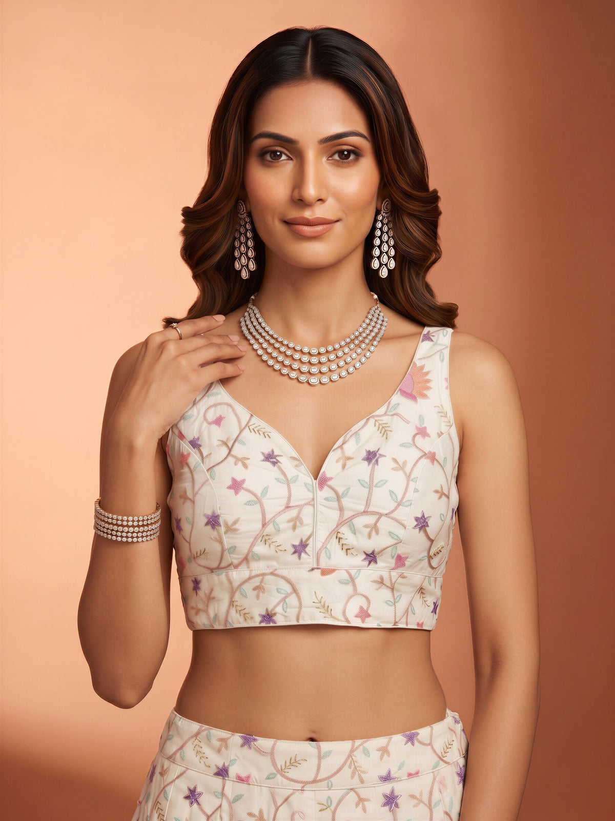 White sequin embellished satin sleeveless readymade saree blouse with deep v neck view 3