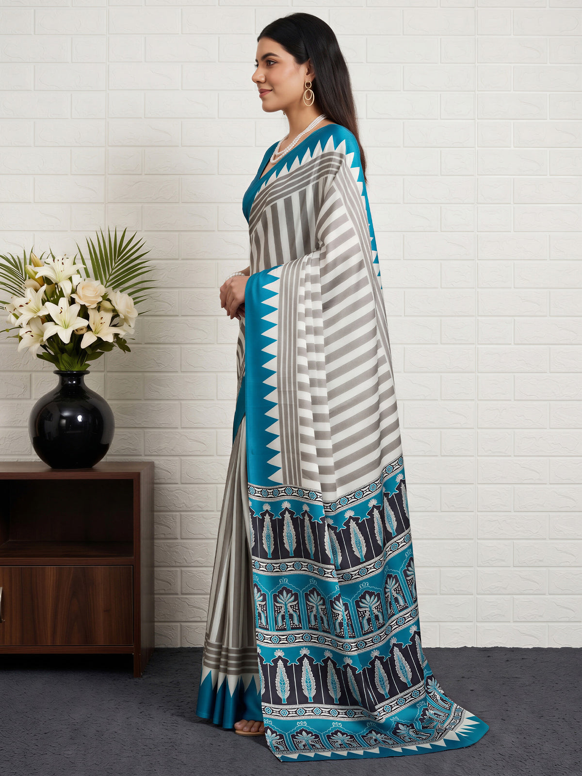 Teal Blue Satin saree – detail view 2