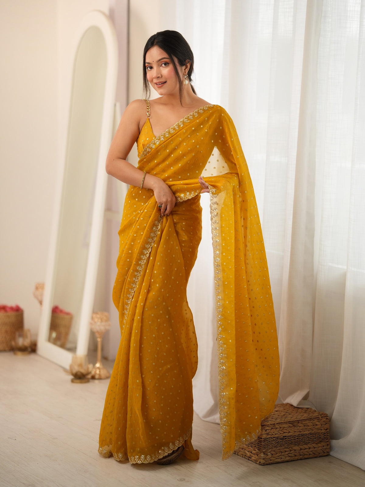 Mustard Georgette saree – detail view 2