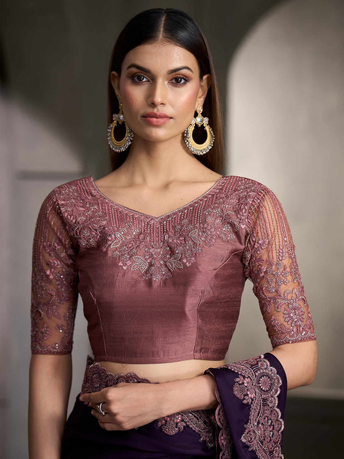 Unstitched mauve banglori silk blouse piece with embellished design