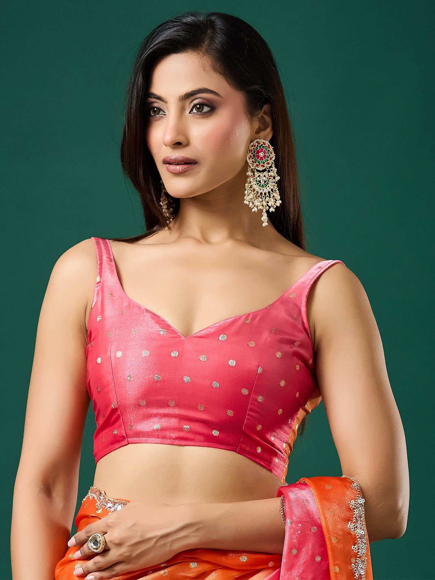 Unstitched pink satin blouse piece with woven design design