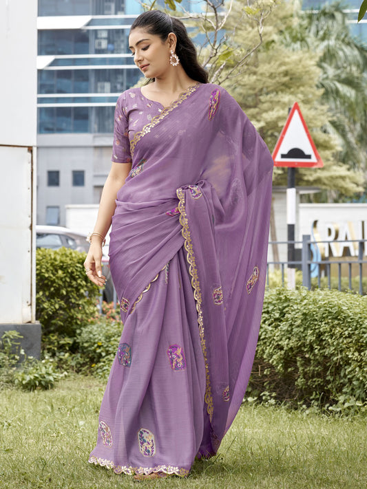 Mauve foil chiffon saree with mauve blouse piece