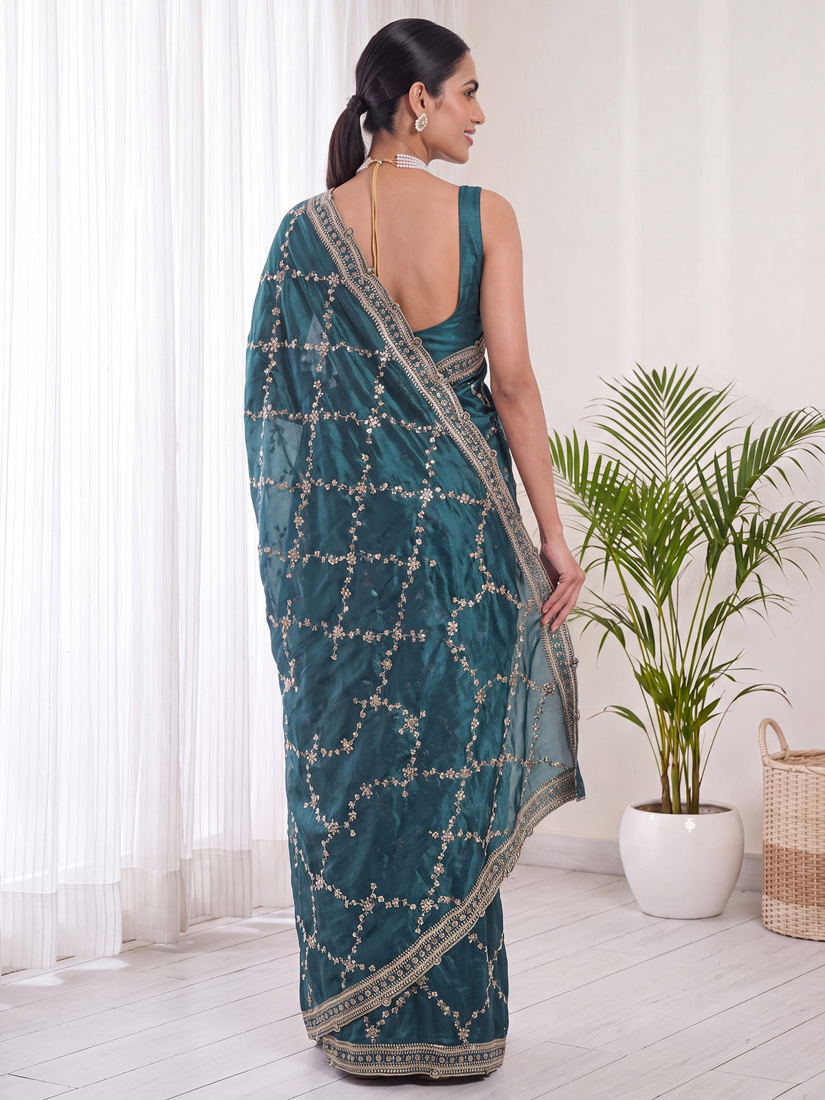 Teal Green Satin saree – detail view 1