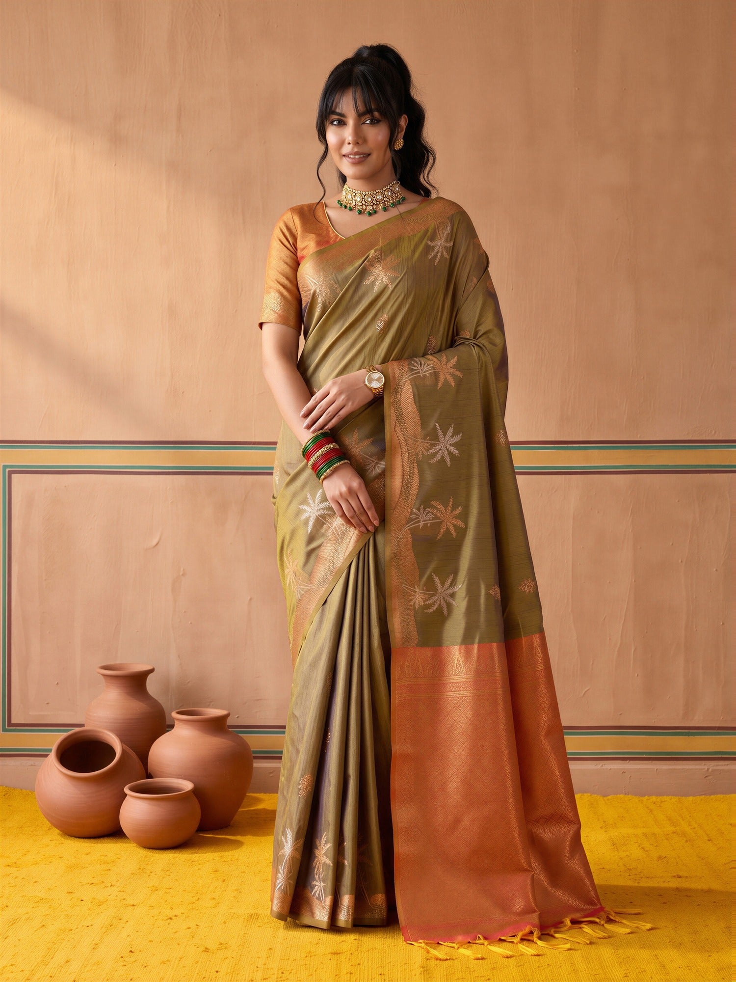 Woman wearing light green tussar silk saree with traditional indian motif work and orange blouse