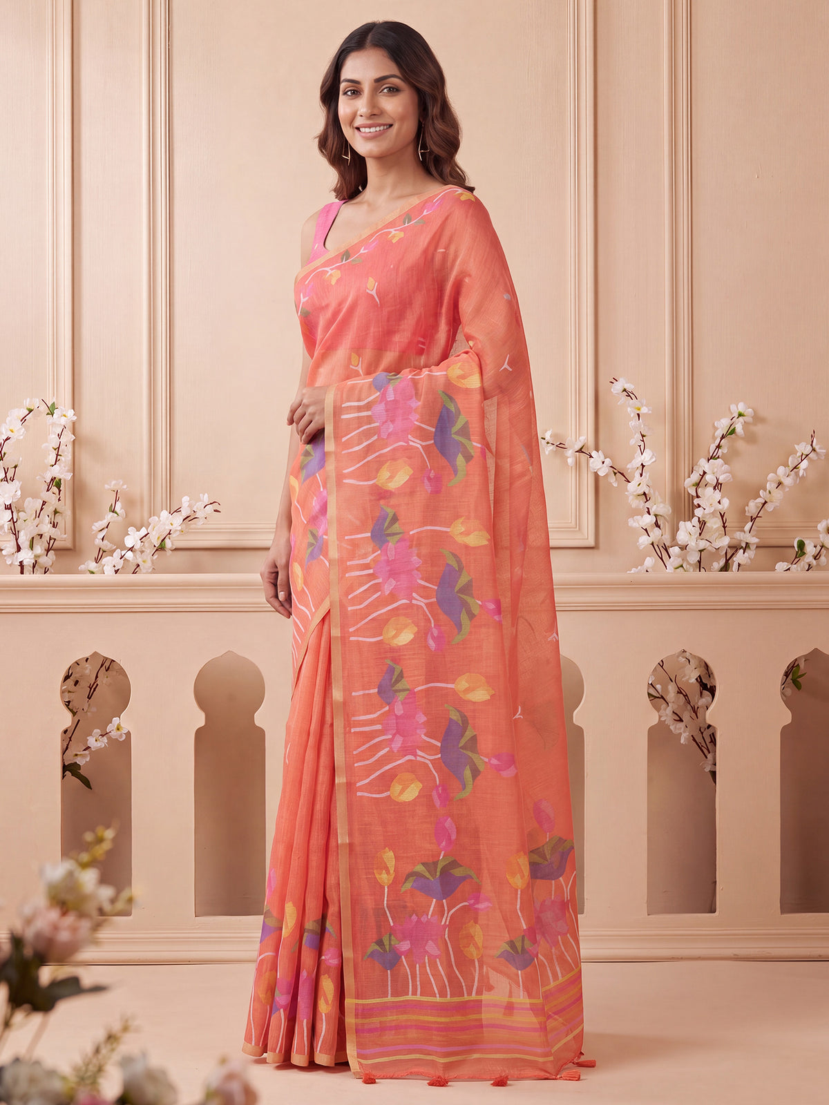 Rust Cotton Linen saree – detail view 2