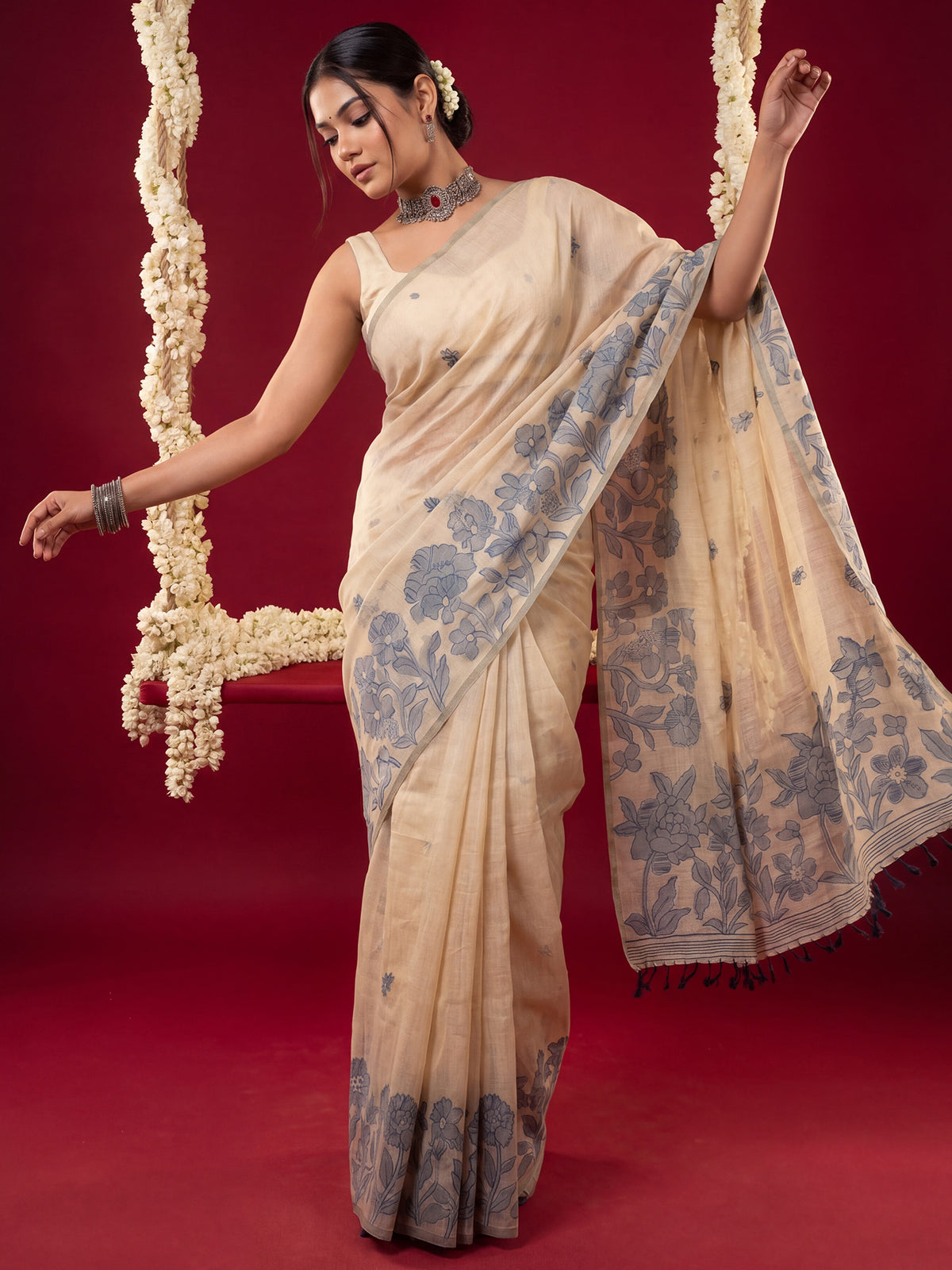Cream Chanderi Cotton saree – detail view 3