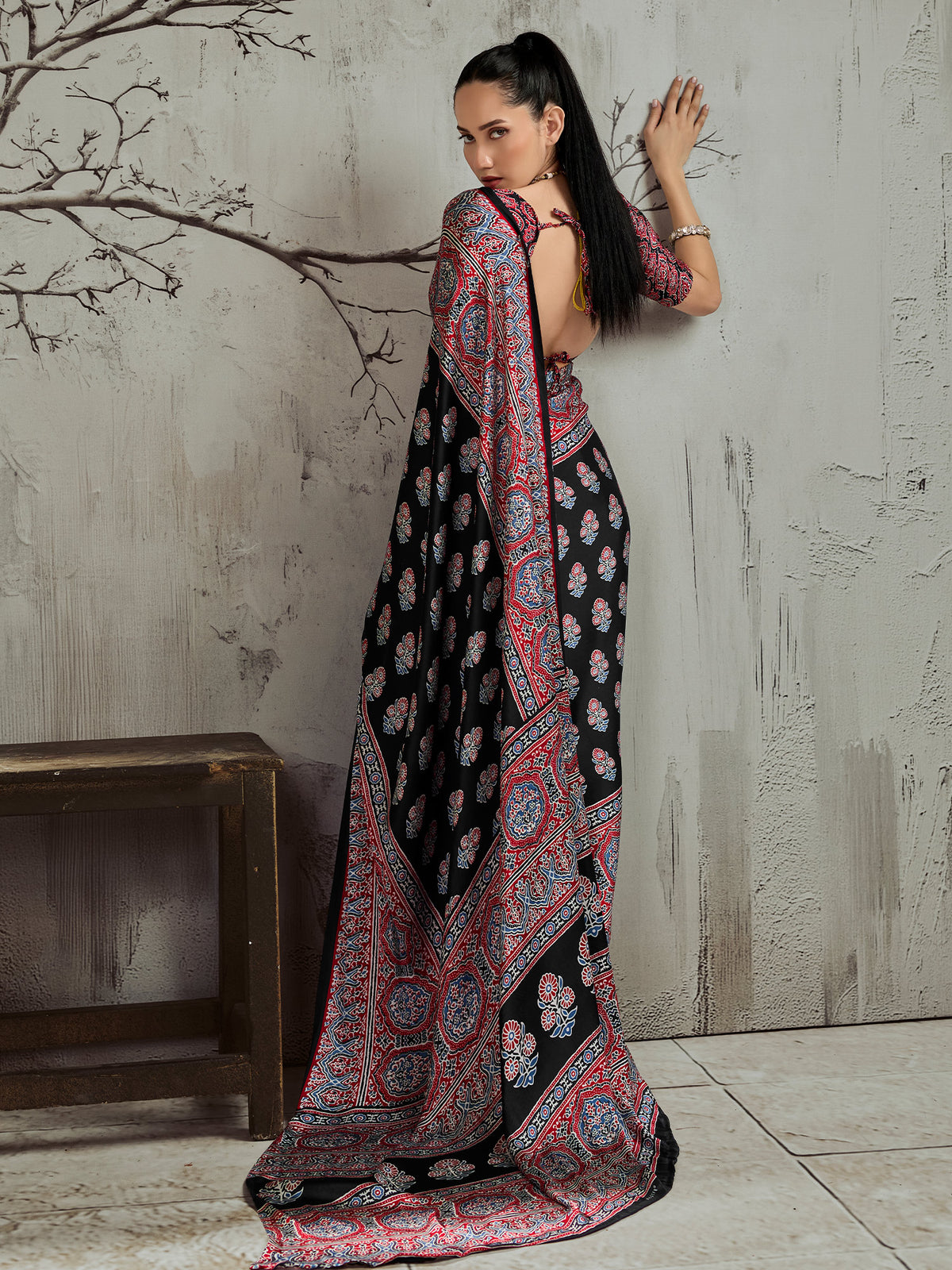 Black satin saree view 1