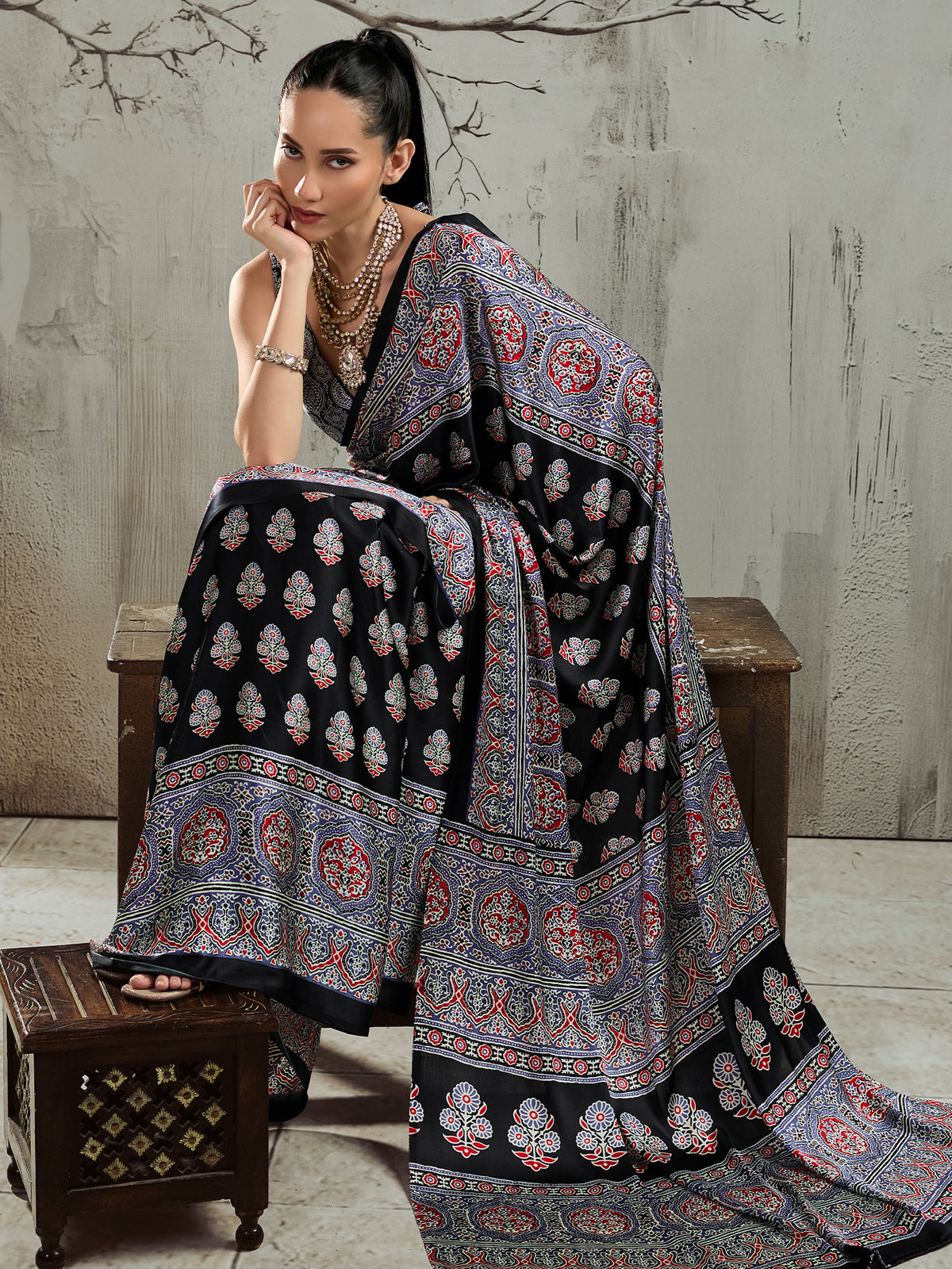 Black satin saree view 5