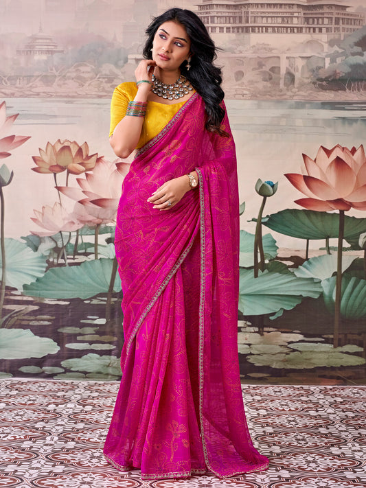 Woman wearing pink georgette saree with bandhani tie-dye dot work and mustard blouse