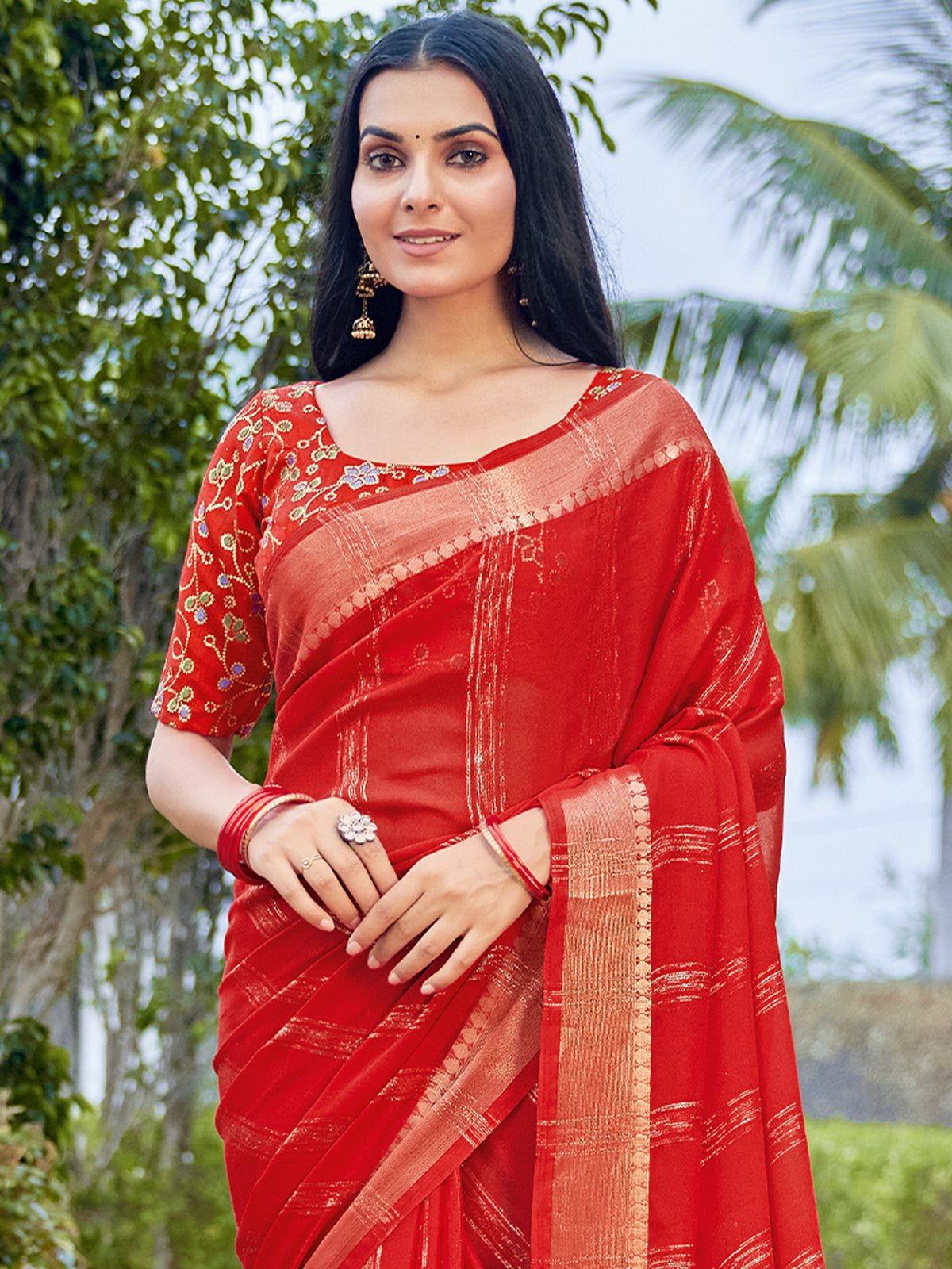 Red Georgette saree – detail view 2
