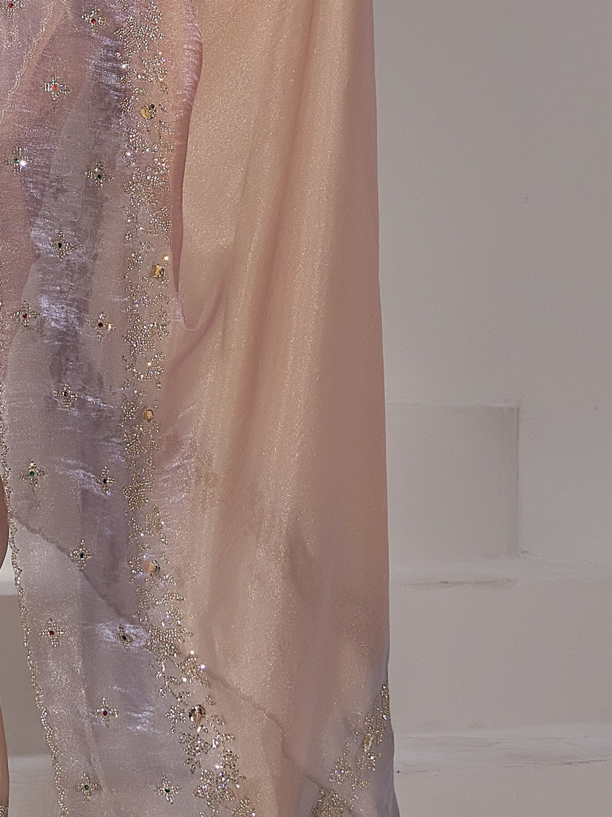Pallu detail of peach organza saree showing applique design and embellished border