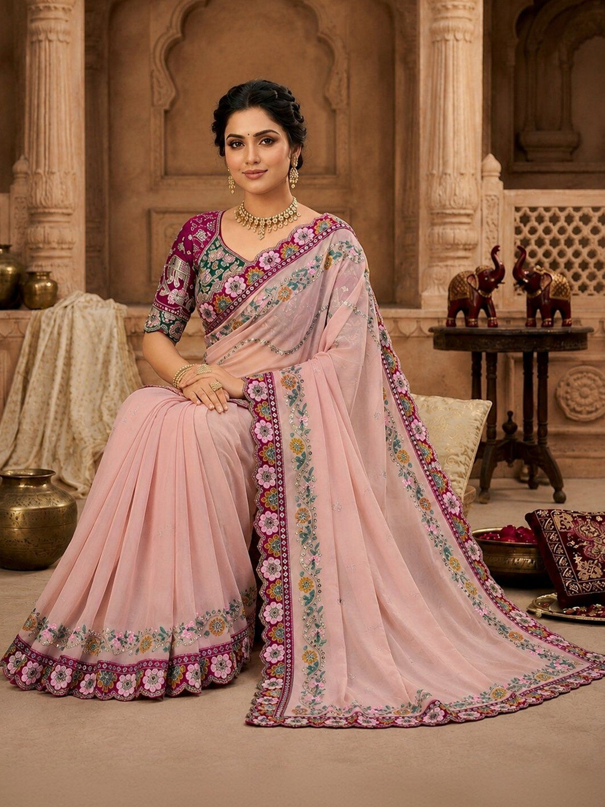 Pink Pure Georgette saree – detail view 2