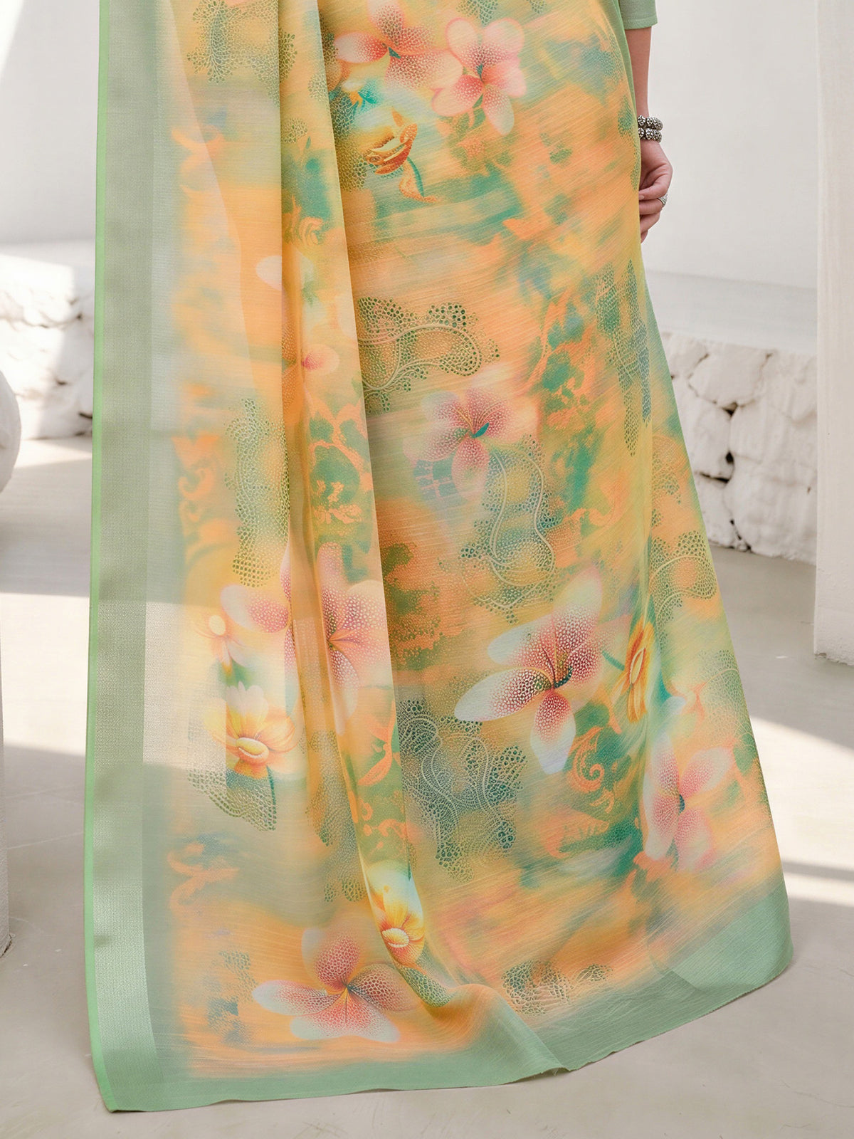 Yellow Cotton Linen saree – detail view 5