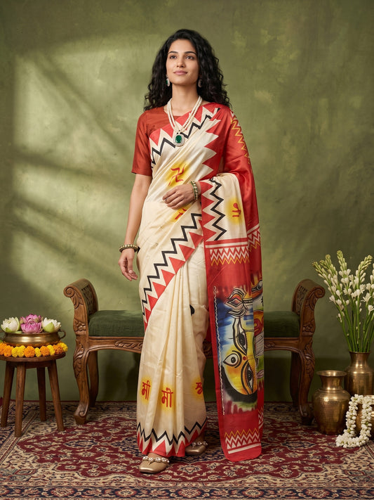 Woman wearing off white silk blend saree with traditional indian motif work and red blouse