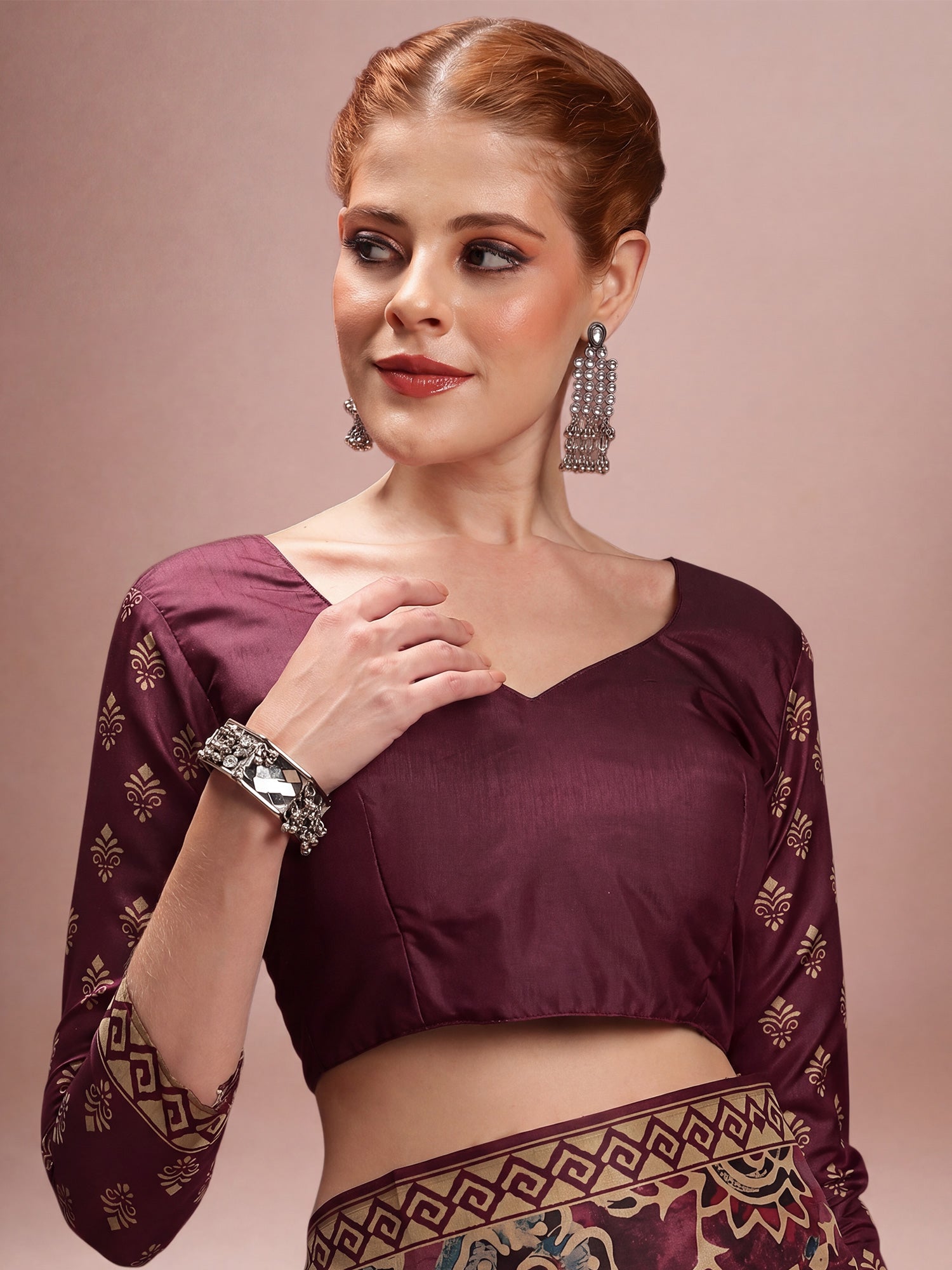 Unstitched wine silk blend blouse piece with ethnic motif design