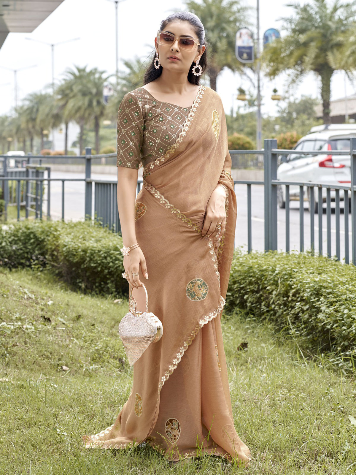 Light Brown chiffon saree view 2