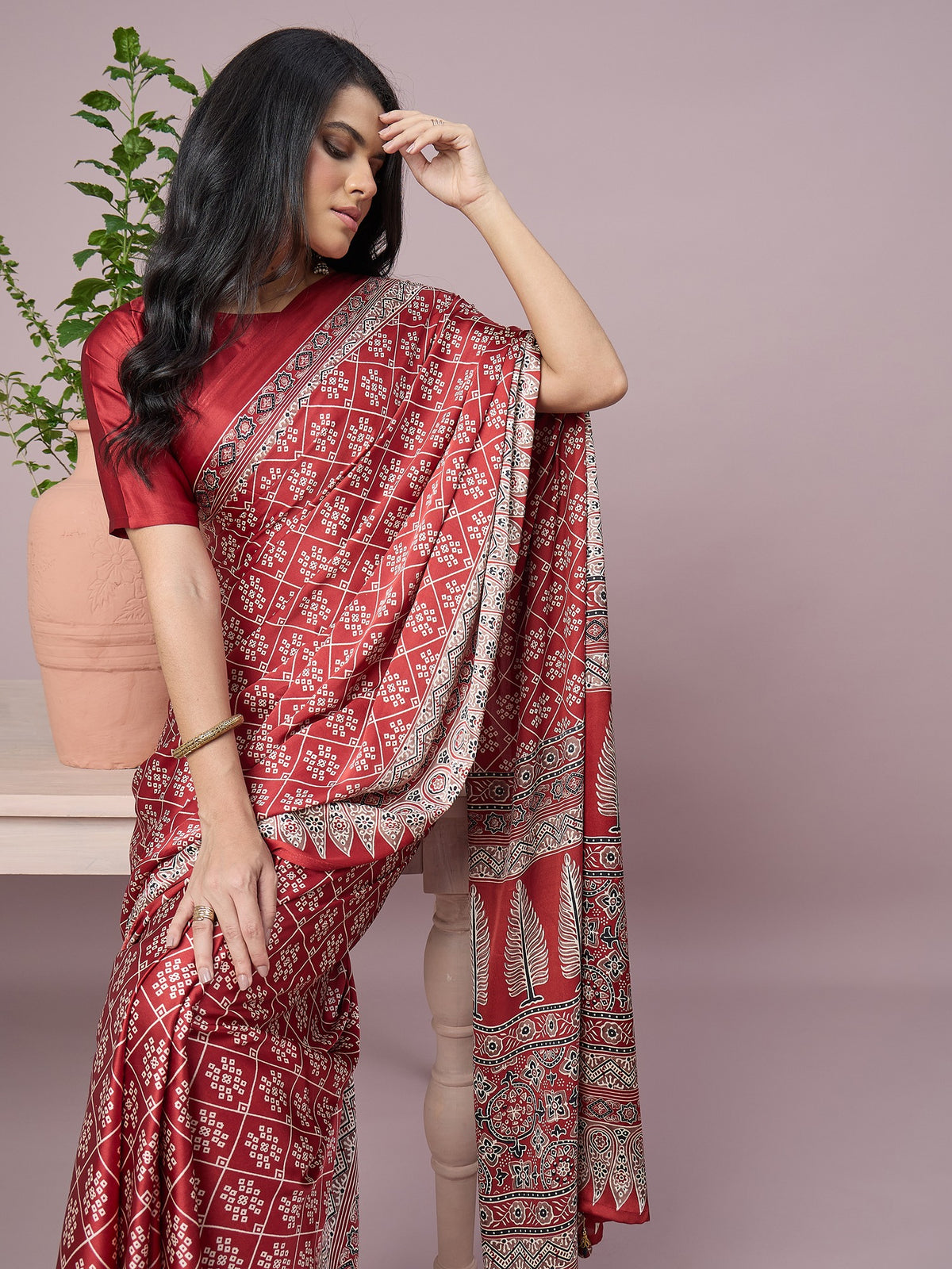 Maroon satin saree view 6