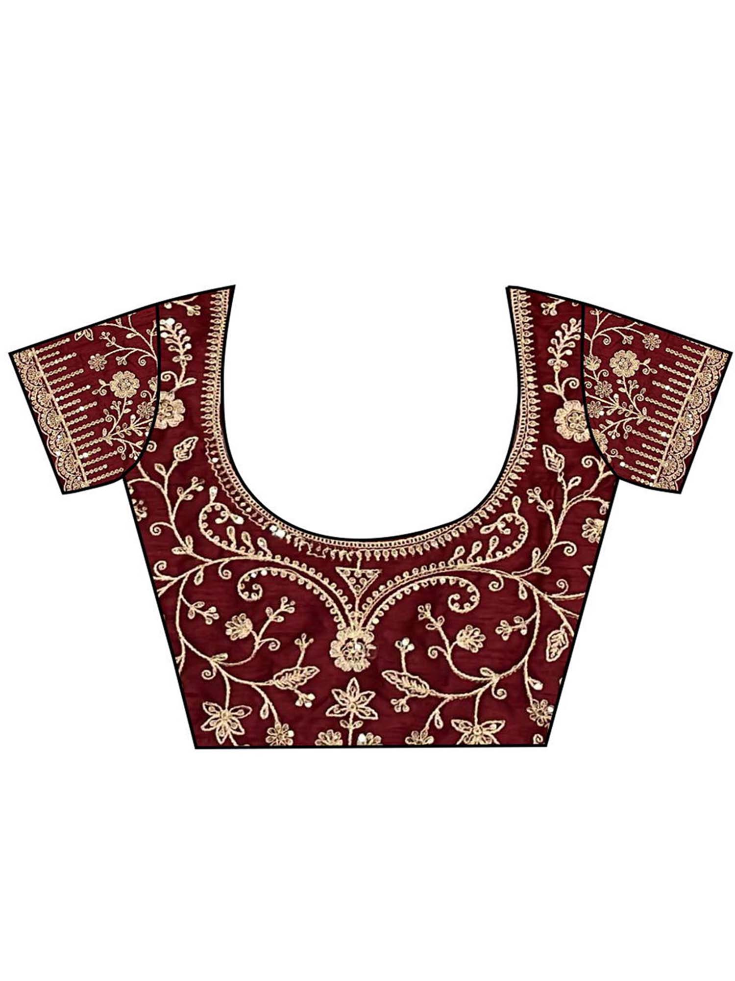 Unstitched maroon silk blend blouse piece with embellished design