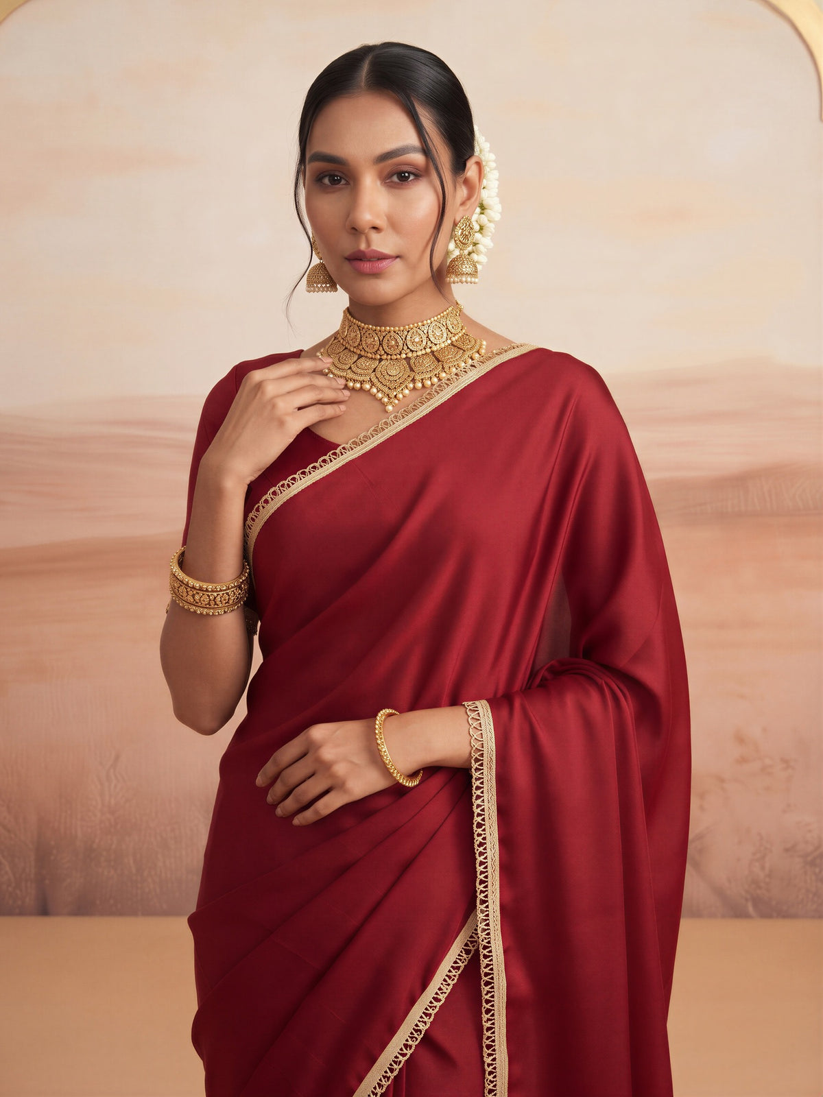 Maroon satin silk saree view 4
