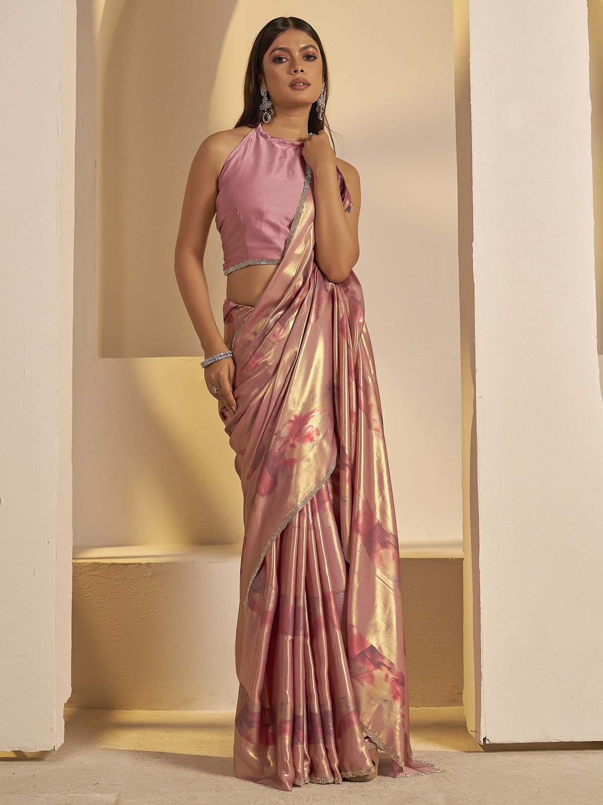 Lavender satin silk saree view 3