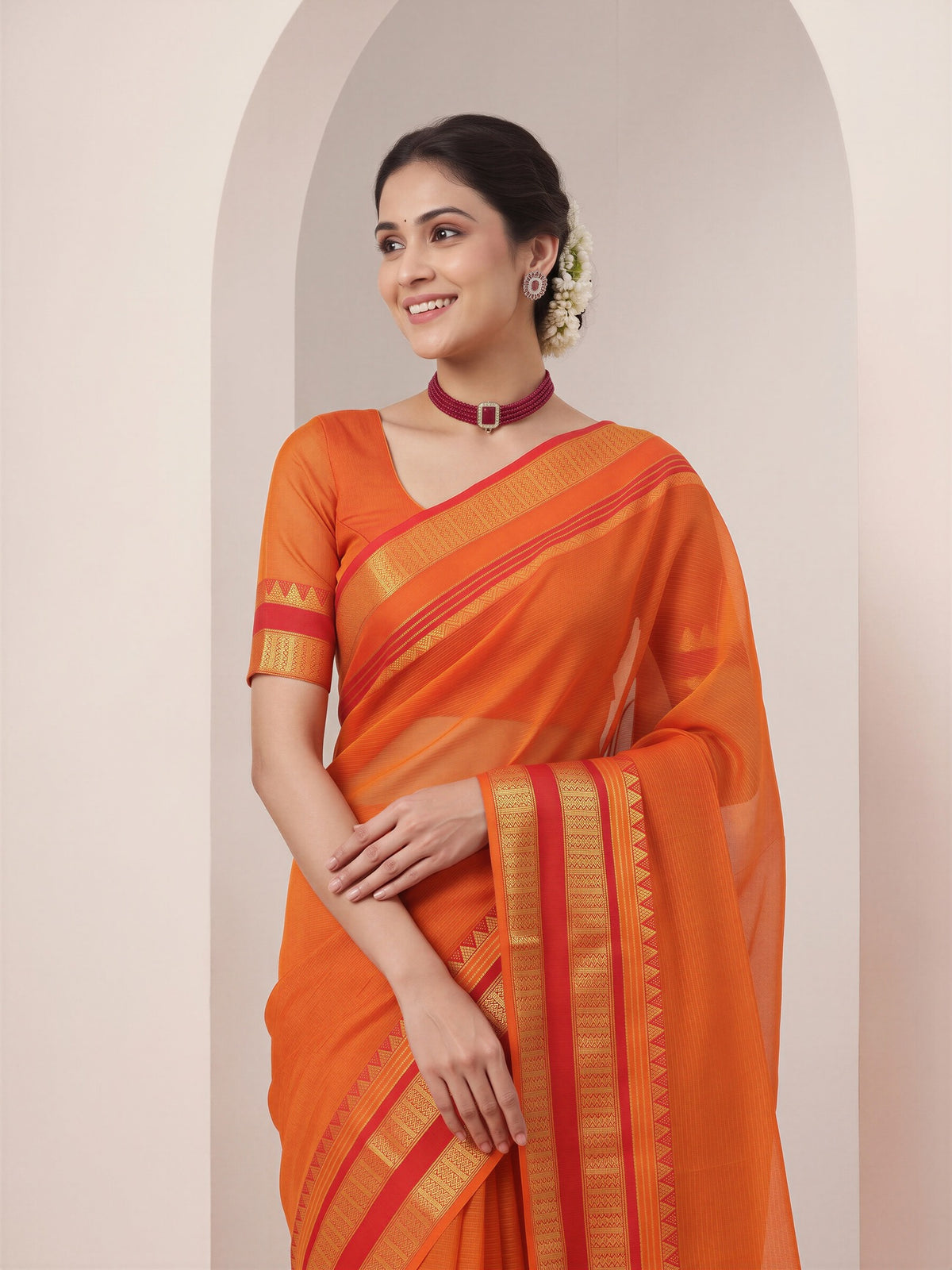 Orange kota doria cotton saree view 4