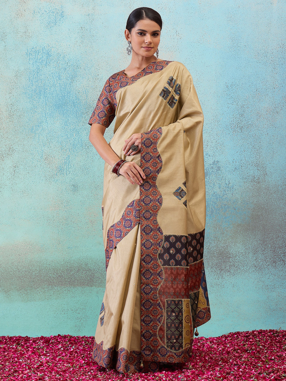 Light Brown applique silk blend saree with rust blouse piece