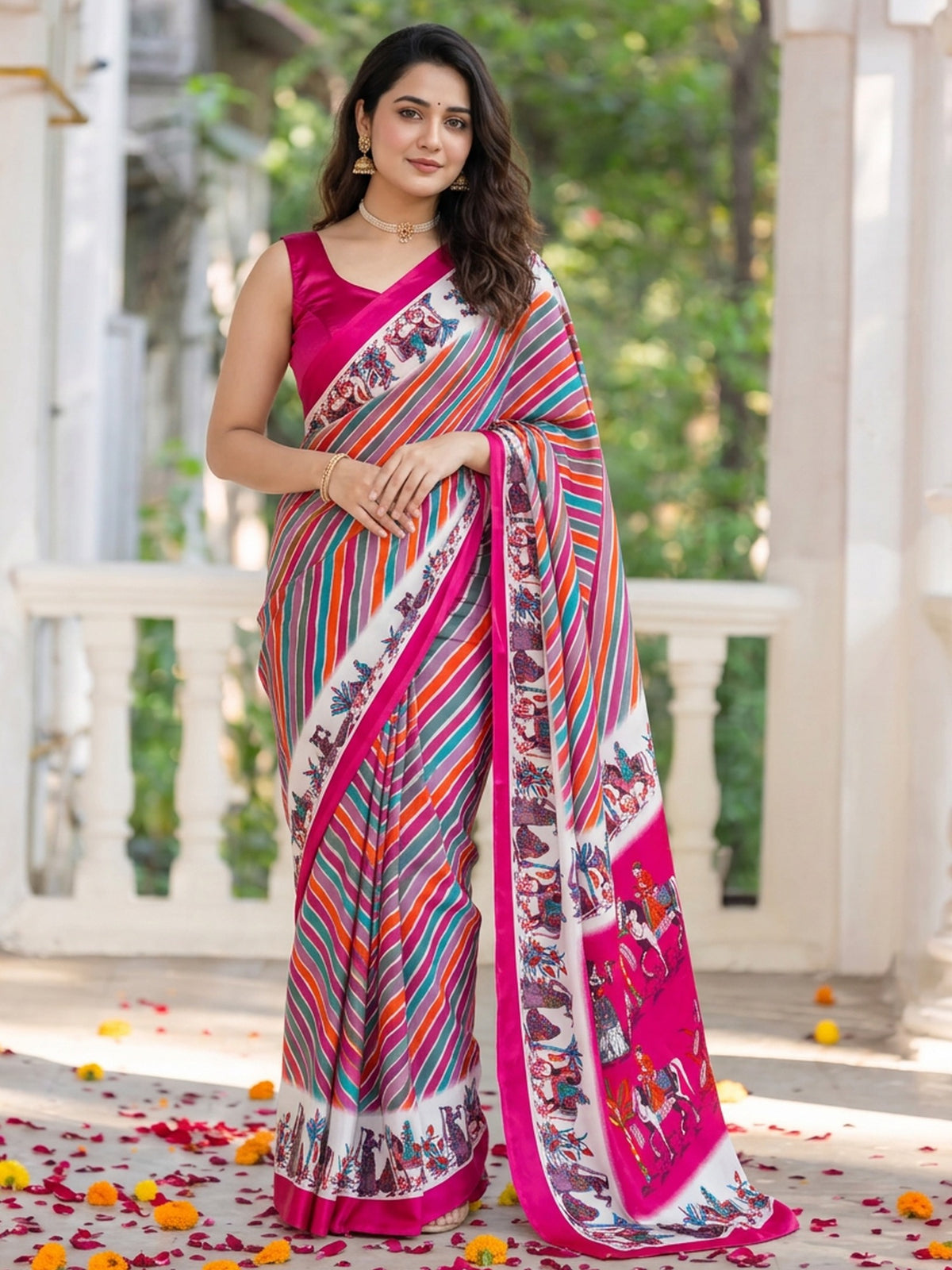 Pink striped crepe saree with pink blouse piece