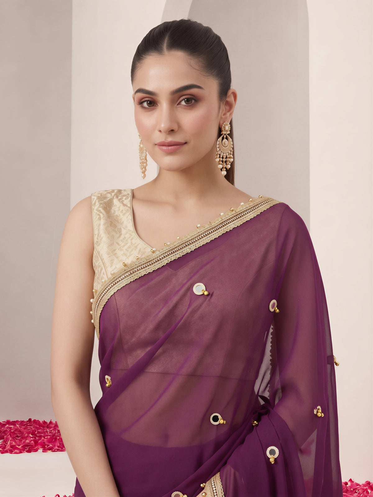 Wine poly georgette saree view 4