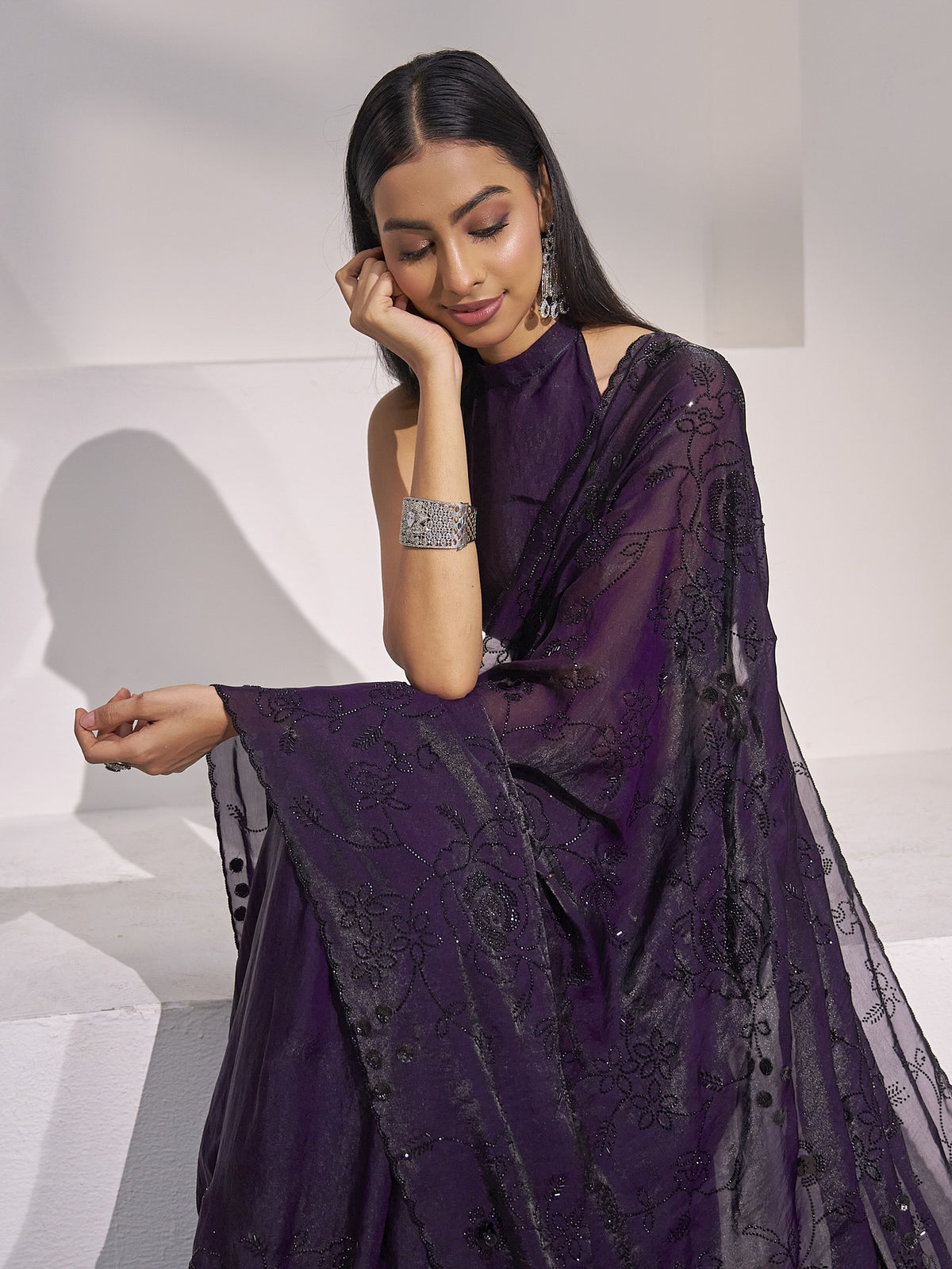 Purple satin silk saree view 4