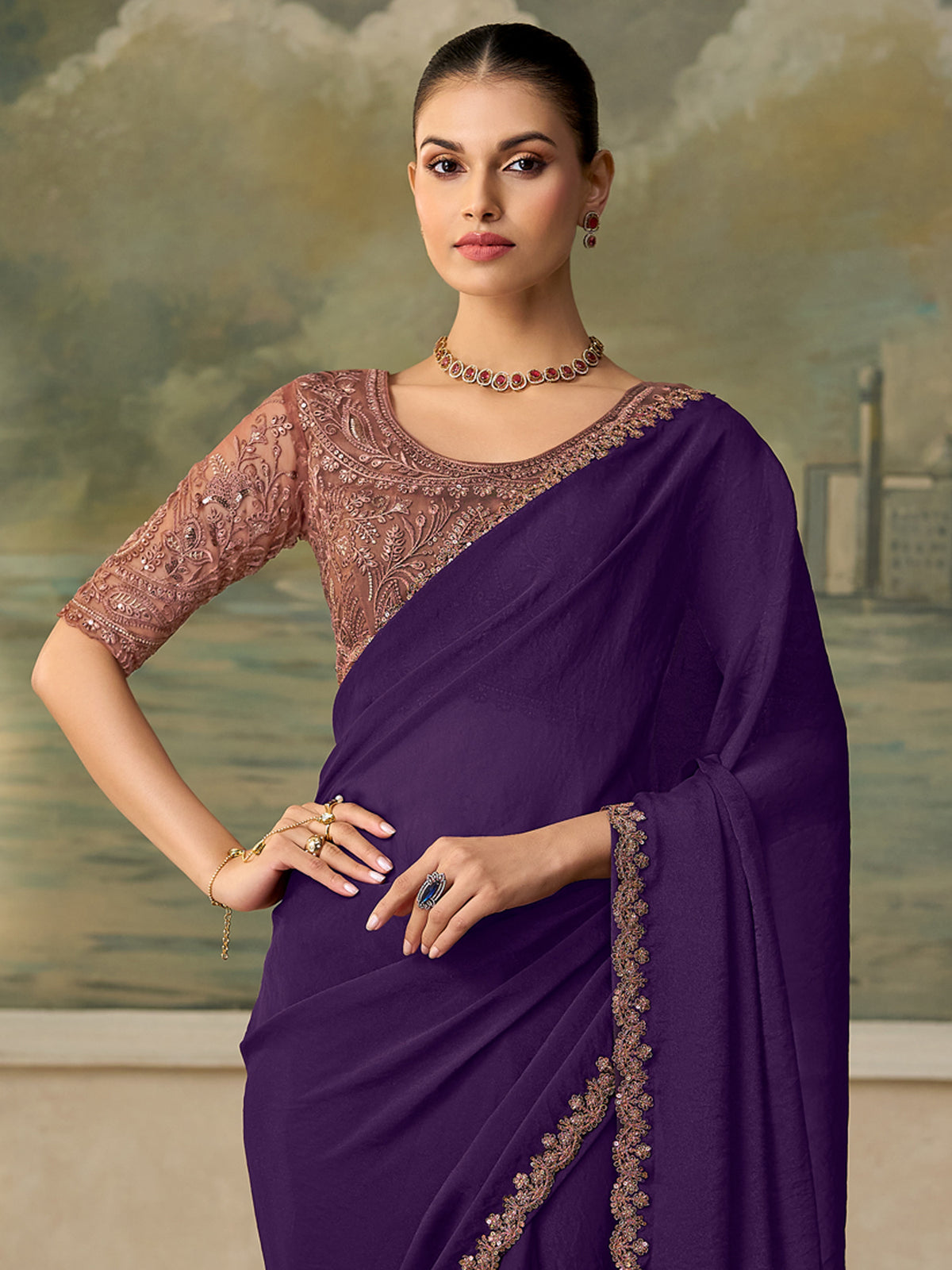 Purple Georgette saree – detail view 2