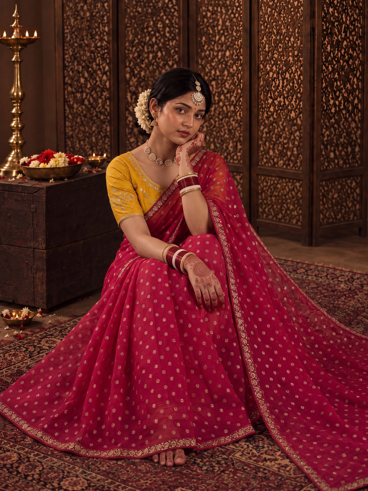 Red Chiffon saree – detail view 4